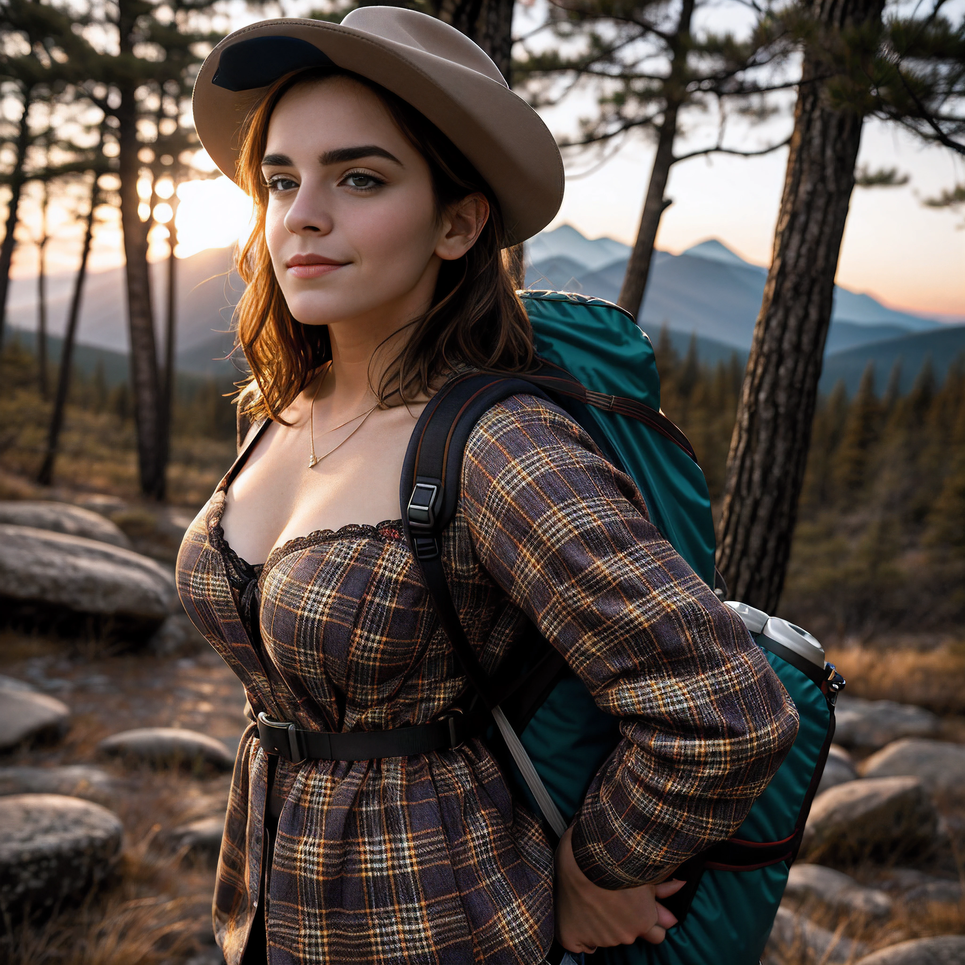 1 woman ((upper body selfie, happy)), masterpiece, best quality, ultra-detailed, solo, outdoor, (night), mountains, nature, (stars, moon) cheerful, happy, backpack, sleeping bag, camping stove, water bottle, country boot, country hat, red plaid shirt long sleeve open, lantern, forest, rocks, river, wood, smoke, shadows, contrast, clear sky, style, (warm hue,  warm tone: 1.2), close-up, cinematic light, side lighting, ultra high resolution, best shadow, RAW, upper body, wearing lingerie, seductive look, huge breasts, 4k, open neckline, sexy