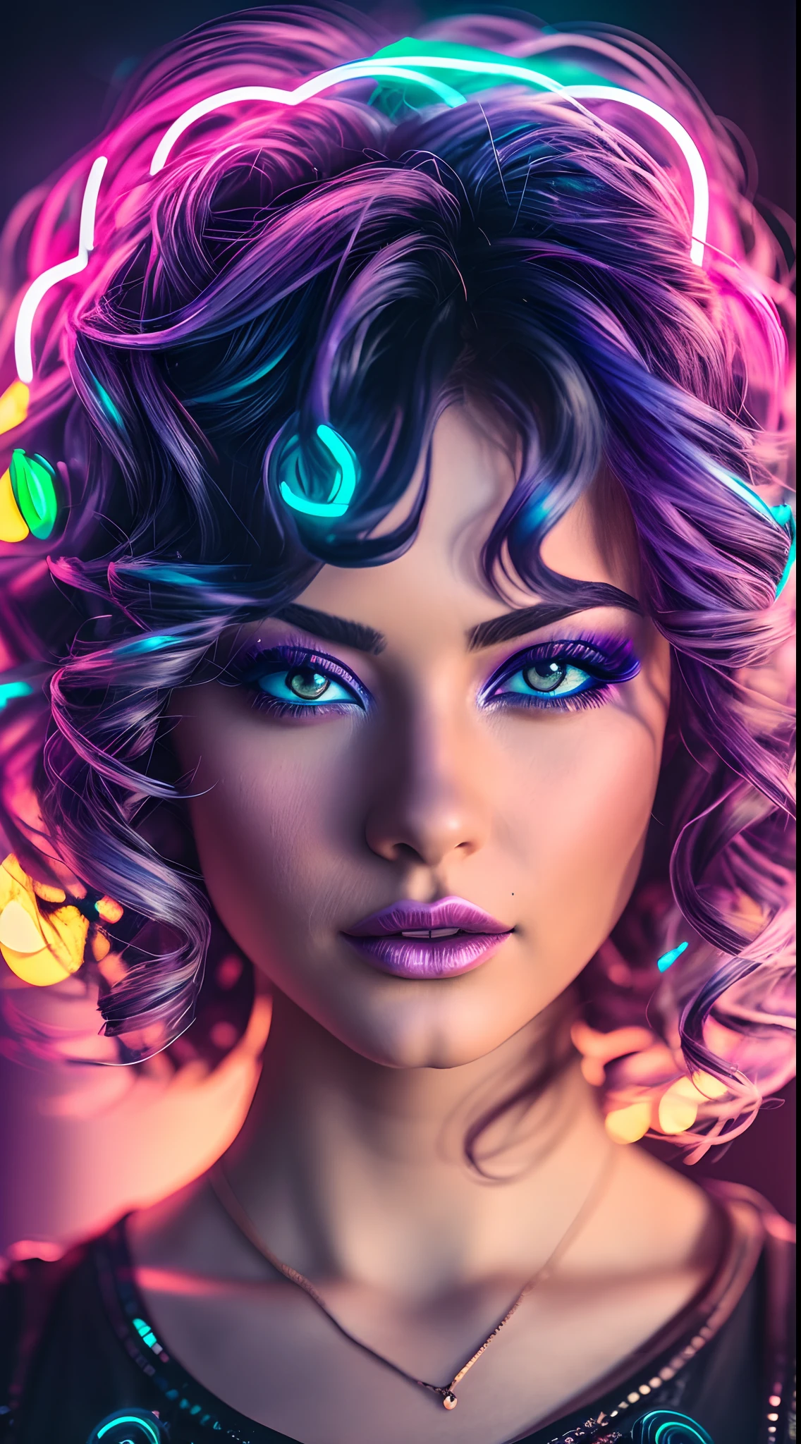 Hyper realistic professional mid body portrait, one stunningly beautiful young shining long  blue and purple haired, long curly  hair, hyper detailed and perfect, intense detailed eyes, perfect face, dark makeup ultra detailed, extemly detalled and perfect face, face, cinematic photo neon sign,, neon lights, sunset, reflective puddles, scifi,85mm photograph, film, bokeh, professional, 4k, highly detailed --auto