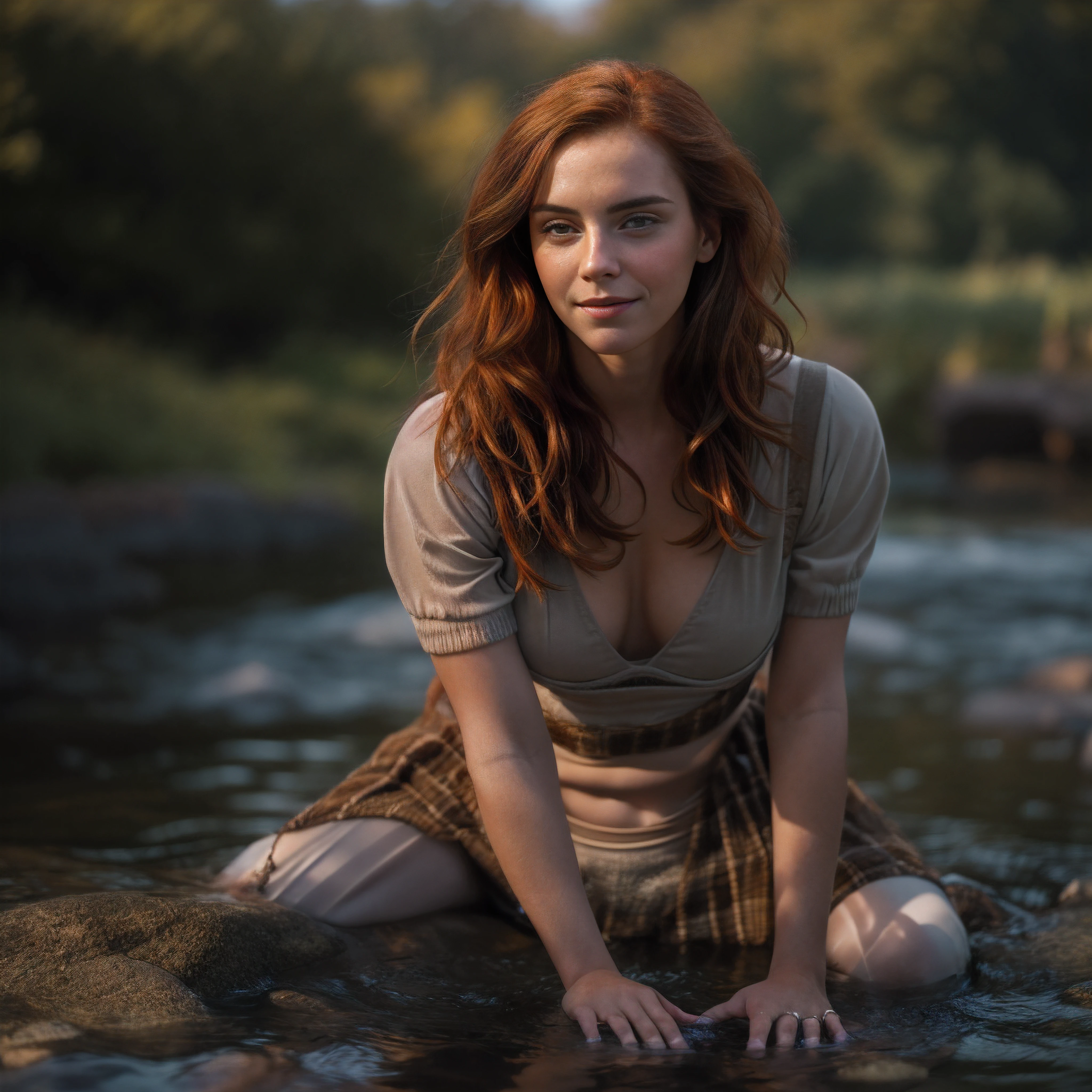 Masterpiece, (((full figure supermodel, full body shot, entire body in frame))), (((magical lighting action shot))) (((beautiful redhead fit pale smiling goddess Scottish woman kneeling in river garden in a park, arms covering flat chest, arms across small chest, arms folded))), (((micro outfit, looking into the camera))) , ((( redhead hair, accurate hands accurate eyes))) moody lighting, very detailed, dramatic lighting, digital art trending on Artstation 8k HD high definition detailed realistic, detailed, skin texture, hyper detailed, realistic skin texture, armature, best quality, ultra high res, (photorealistic:1.4), high resolution, detailed, raw photo, sharp re, nikon d850 film stock photograph 4 kodak portra 400 camera f1.6 lens rich colors hyper realistic lifelike texture dramatic lighting unrealengine trending on artstation cinestill 800, (((accurate female anatomy, perfect eyes))) (((500px, fstoppers, photosight.ru, iso noise)))