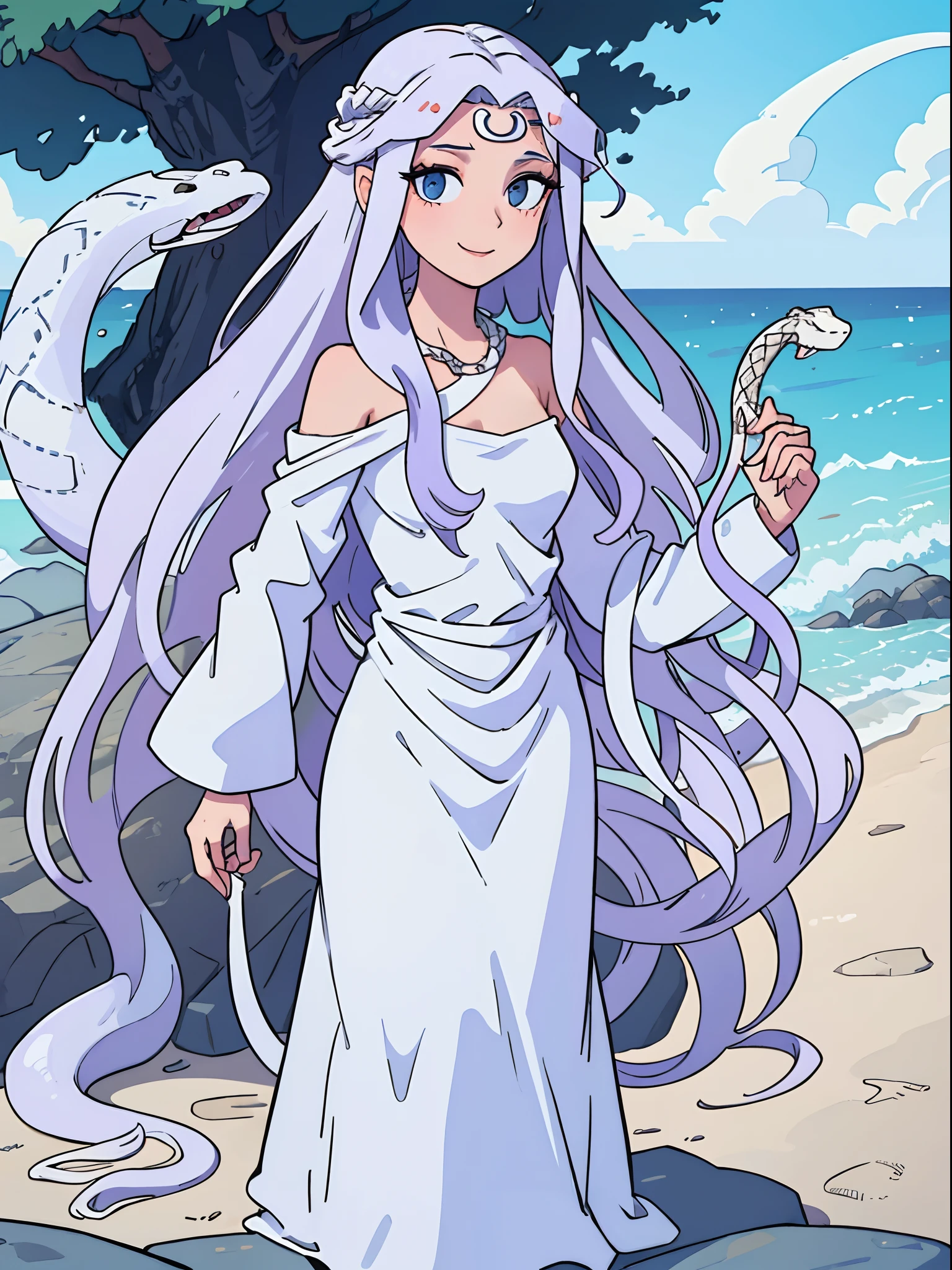 1 female, tall, beautiful, wearing white cloth and white blindfold, medusa, messy hair made of snakes, long nails, gentle smile, standing on a rock in the beach, looking at viewer, detailed, 8k