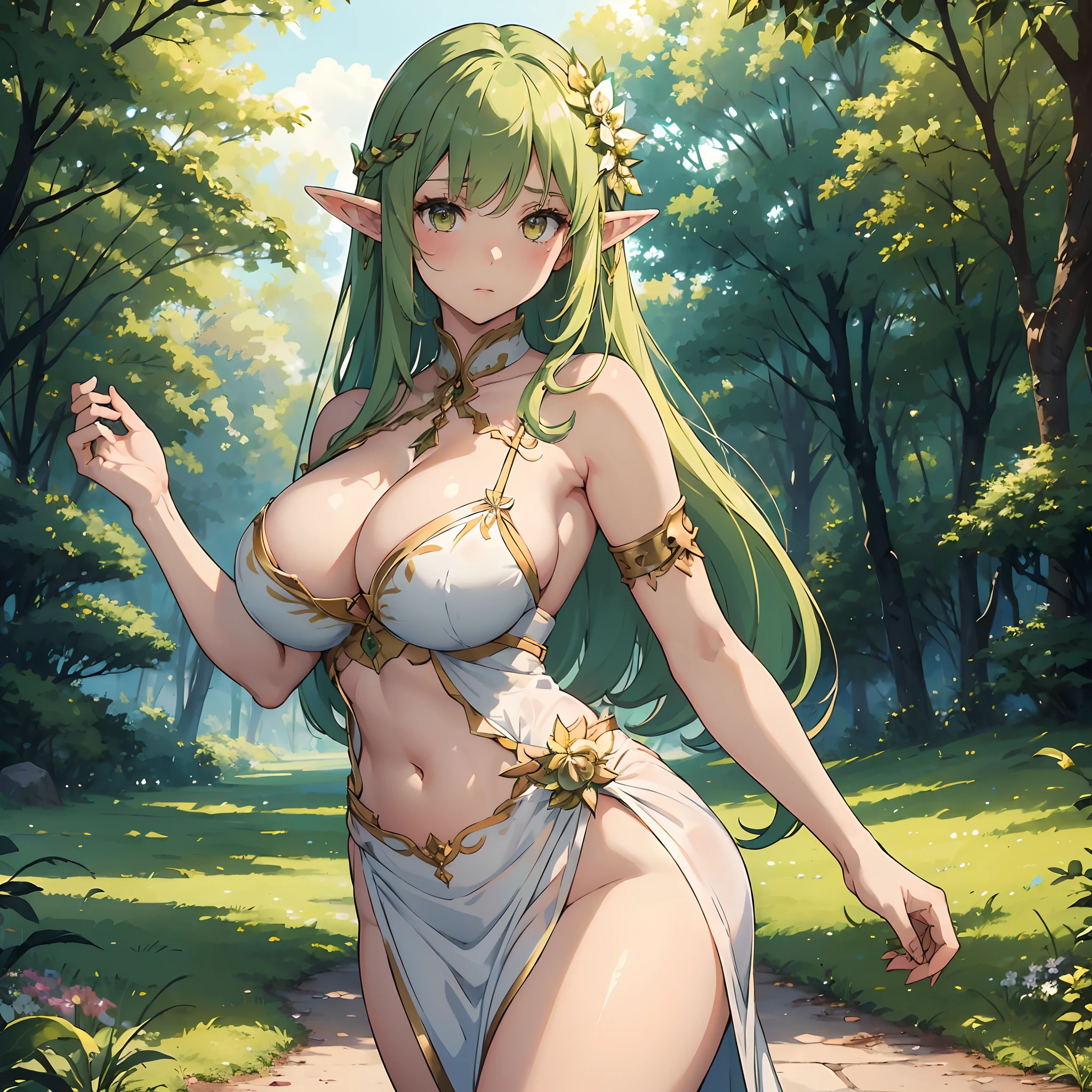 (masterpiece), 1girl, best quality, expressive eyes, perfect face, green hair, yellow eyes, sky, trees, navel, huge breasts, Beautiful white Dress, cleavage, :(, standing, elf, bare shoulders, embarrased, blush, areolae slip, large areolae