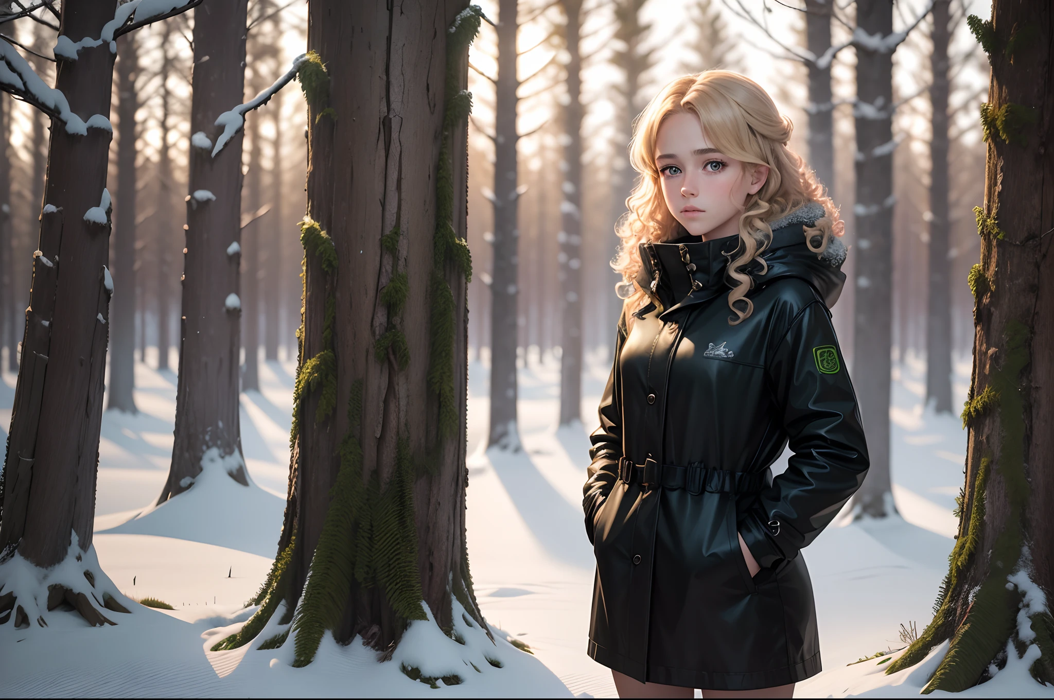 realistic 8k image of a  girl, blonde curly hair, pretty, green eyes, dressed in a black coat, standing next to a tree in an open field of a snowy forest, anime style art