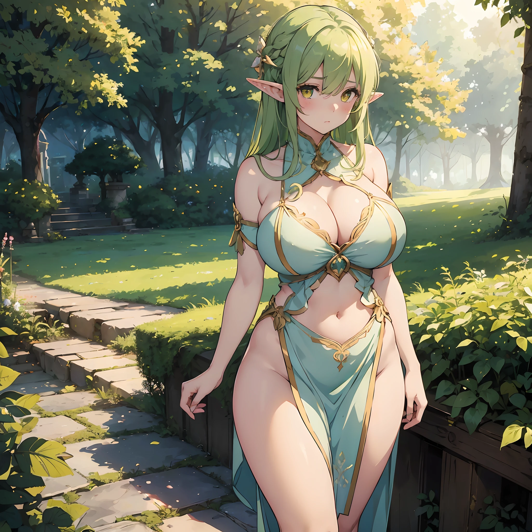 (masterpiece), 1girl, best quality, expressive eyes, perfect face, green hair, yellow eyes, sky, trees, navel, huge breasts, Beautiful white Dress, cleavage, :(, standing, elf, bare shoulders, embarrased, blush, areolae slip, large areolae