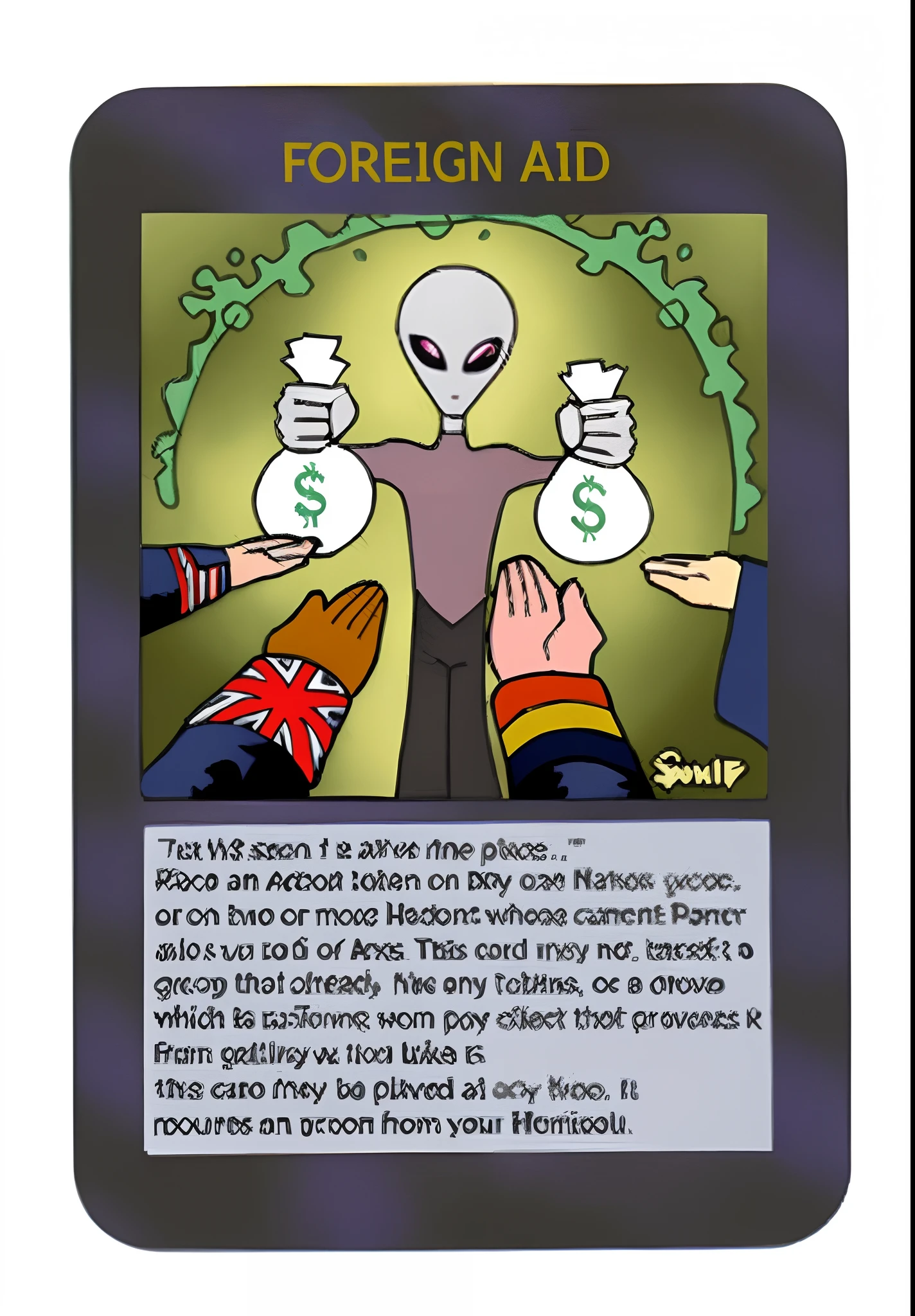 A closeup of a card with a cartoon of a person holding money, card game illustration, as a tarot card, jogo de cartas, full card design, card art, Tarot card, Magic Card, Alien invasion, Grey alien, the front of a trading card, Jogo de cartas, Ovnis, collectible card art, Extraterrestres, alien trump, Grey aliens, trading card fond