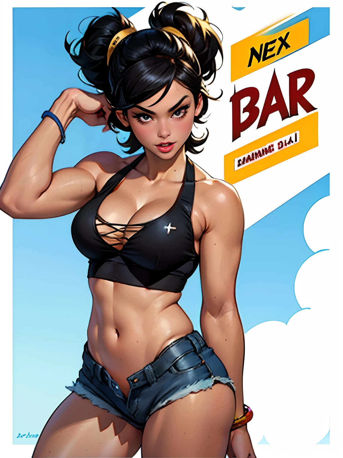 (high quality, best rendering), (beautiful girl), black hair(bombshell, pin-up style), psychopath, crazy face, sexy pose, jean short shorts, tank top, pastel, centered, scale to fit dimensions, micro thong, micro bikini, camel toe
