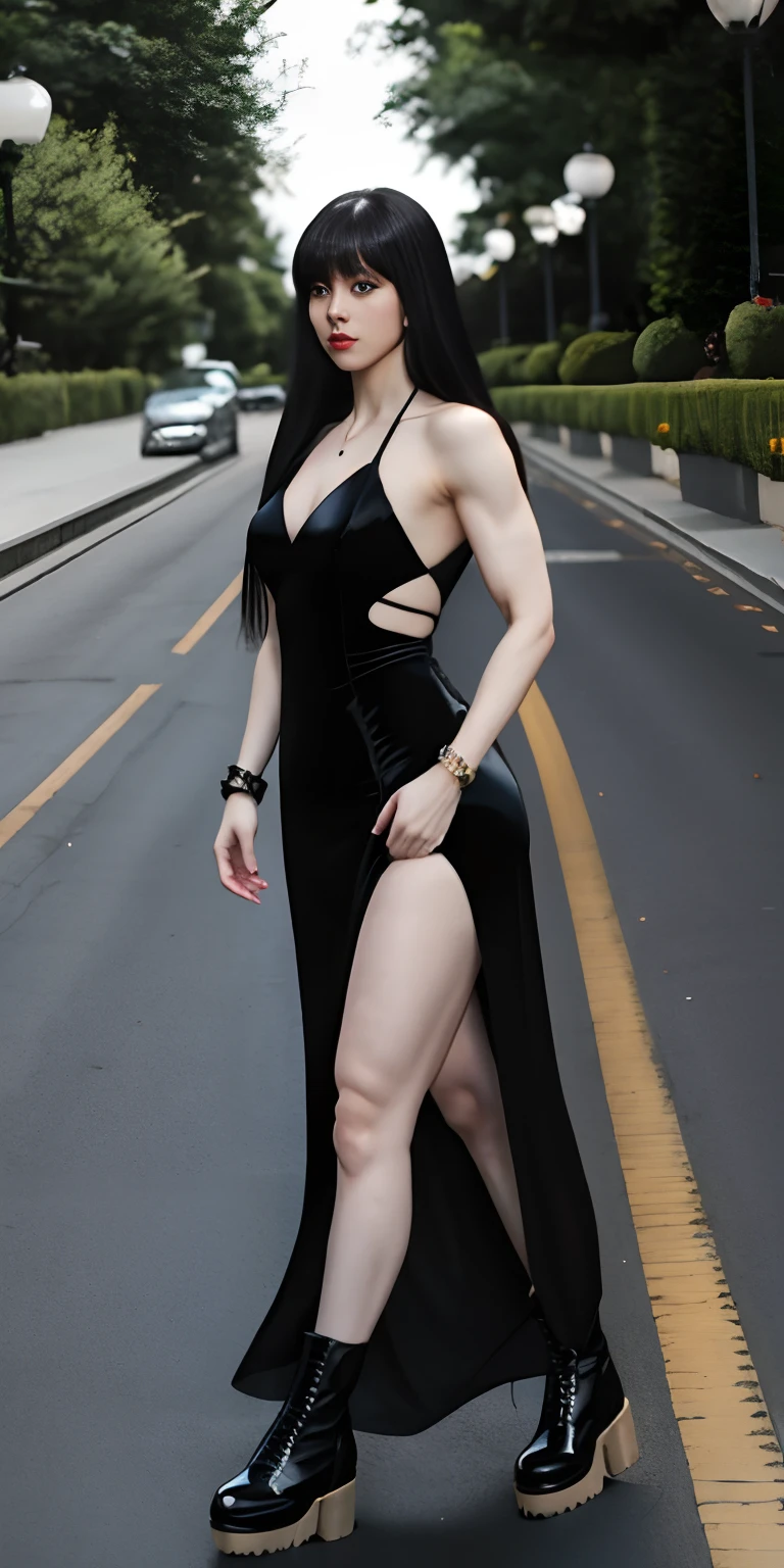 girl, pale skin, muscular body, toned biceps, thick legs, toned legs, muscular legs, long black hair with bangs, black evening dress with slits on the legs, platform combat boots