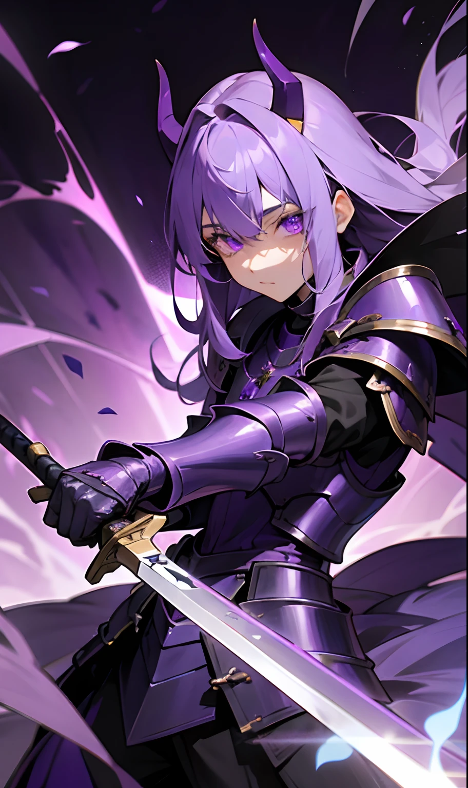 Menino de 22 anos, Medium body healed wearing purple paladin armor with long dark purple hair, Glowing purple eyes holding a sword while a purple energy is around him and purple demon horns on his head