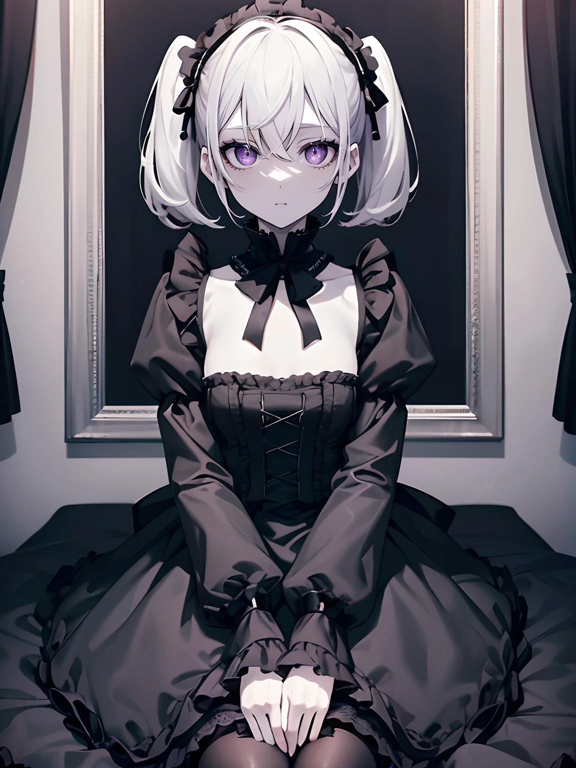 (masterpiece,best quality,ultra-detailed),1girl,short hair,twintails,(pale skin),black dress,ruffled dress,beautiful and detailed face, detailed eyes,looking at viewer,small chest,((grey theme)),((gothic ta theme)),cowboy shot,in a bedroom,sitting on a bed,