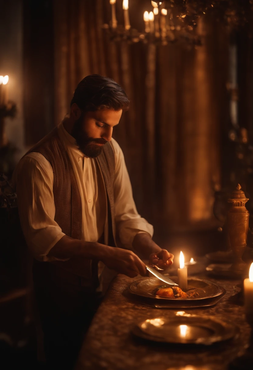"Man with a knife in his hand, In a majestic, lighted environment, Sophisticated and delicate artistic style."