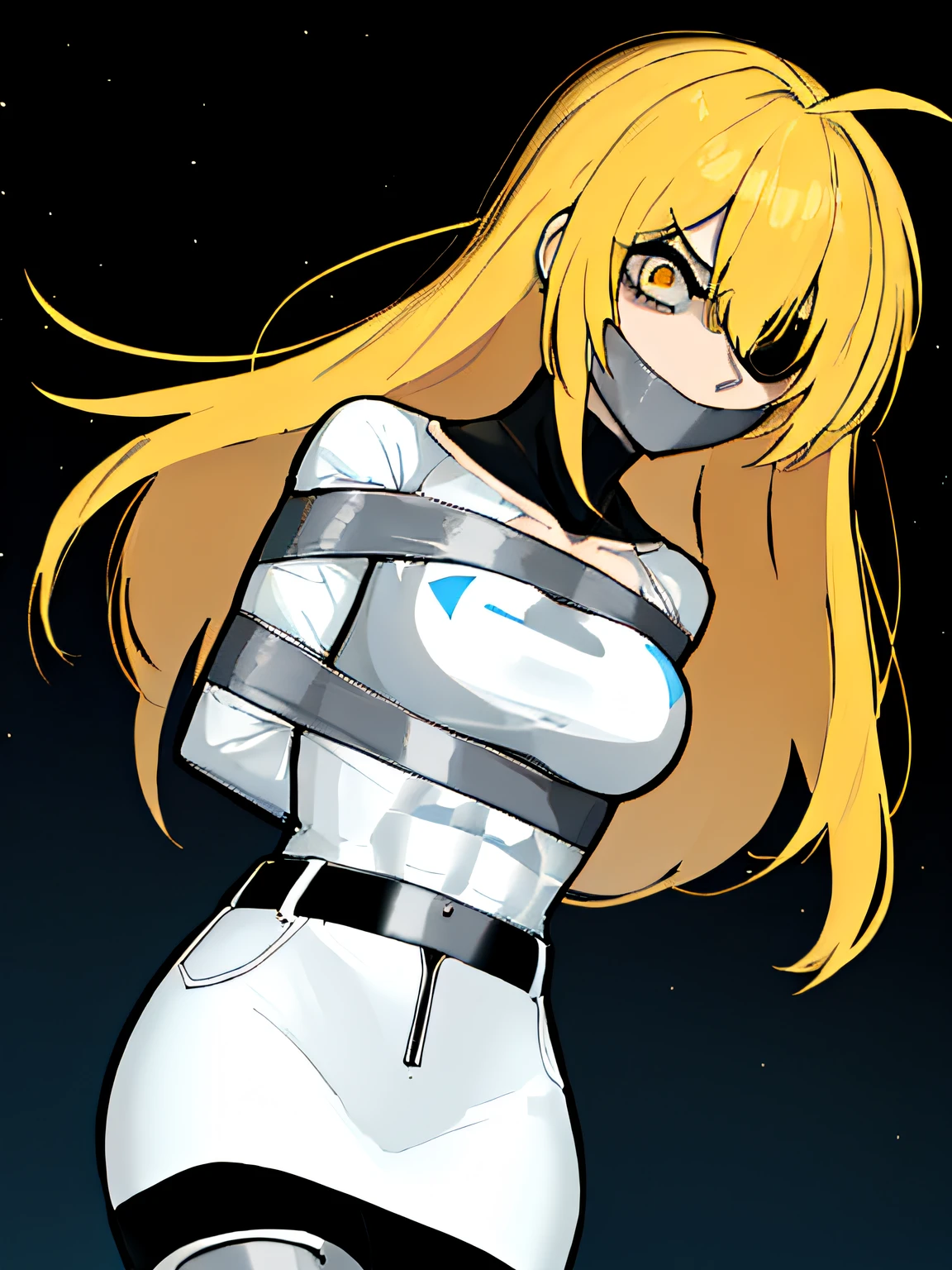 (absurdres, 8k, 4k, masterpiece, hyper extreme detailed:1.2), (masterpiece), best quality, expressive eyes, highres, perfect eyes, 1girl, perfect face, perfect hands, standing, belt, 1girl, blonde hair, eyepatch, perfect anatomy, eyepatch, long hair, platinum blonde hair, muscular, toned body, strong, empty eyes, blank stare, crazy face, crazy eyes, crazy smile, gloves, graphic t- shirt, small, golden eyes, deadpan, expressionless, shaded face, messy hair, crazy hair, city background, heroic, half body, cowboy shot, night time, stars, night sky, hand on head, hands in pockets, wind, windy, pantyhose, covered abdomen, bondage, bdsm, bound, bdsm, tape gag, tape, tape bondage, restrained, tape wrapped, wrap gag, bondage, taped wrists, taped breasts, taped mouth, taped elbows, taped forearms, standing up, 1girl, arms behind back, shocked, wide eyes,