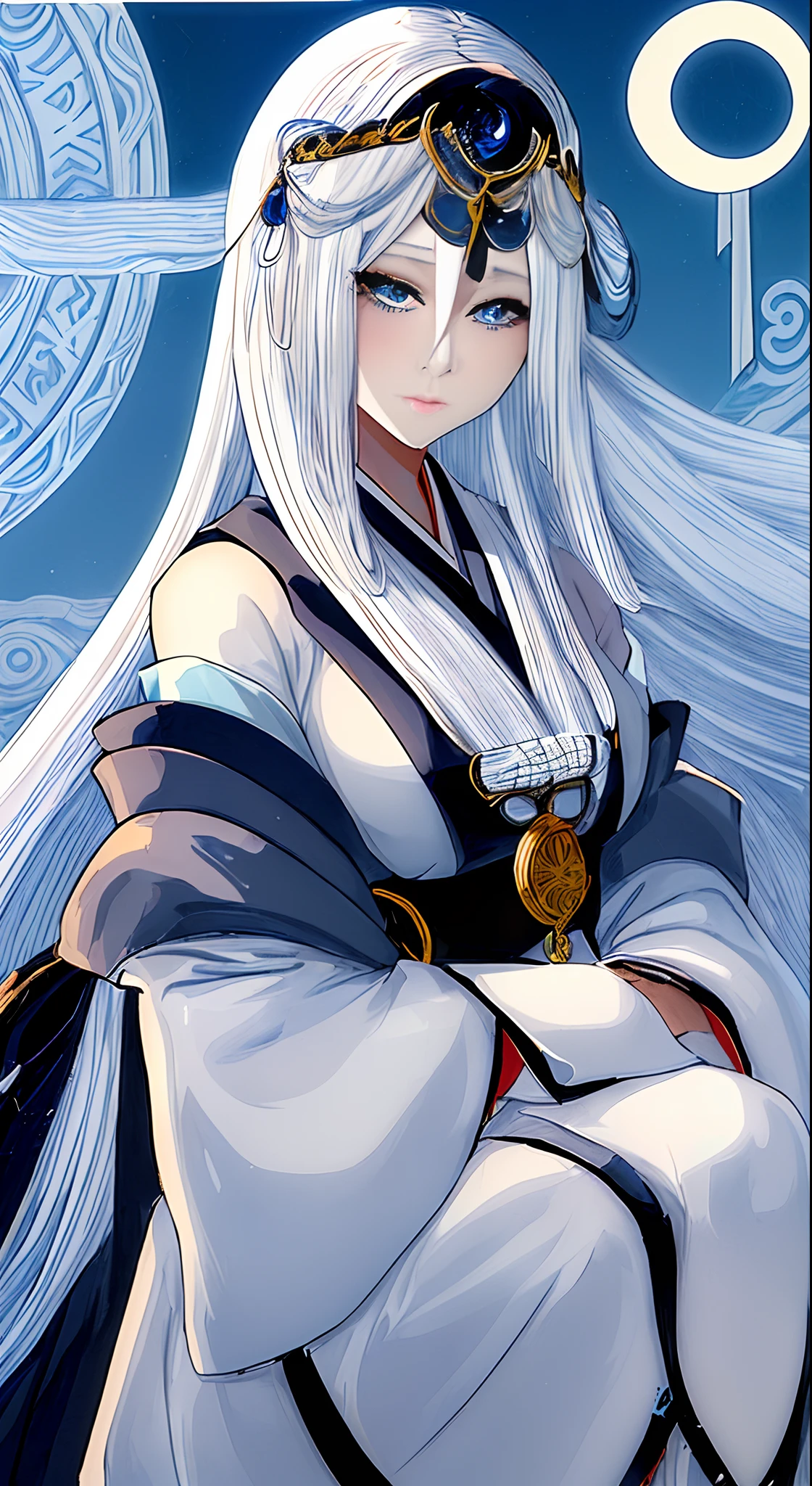 Cute snow woman girl, Long silver hair, His shoulders are bare., black eye, White and blue kimono, Thin legs, Princess Yukiko