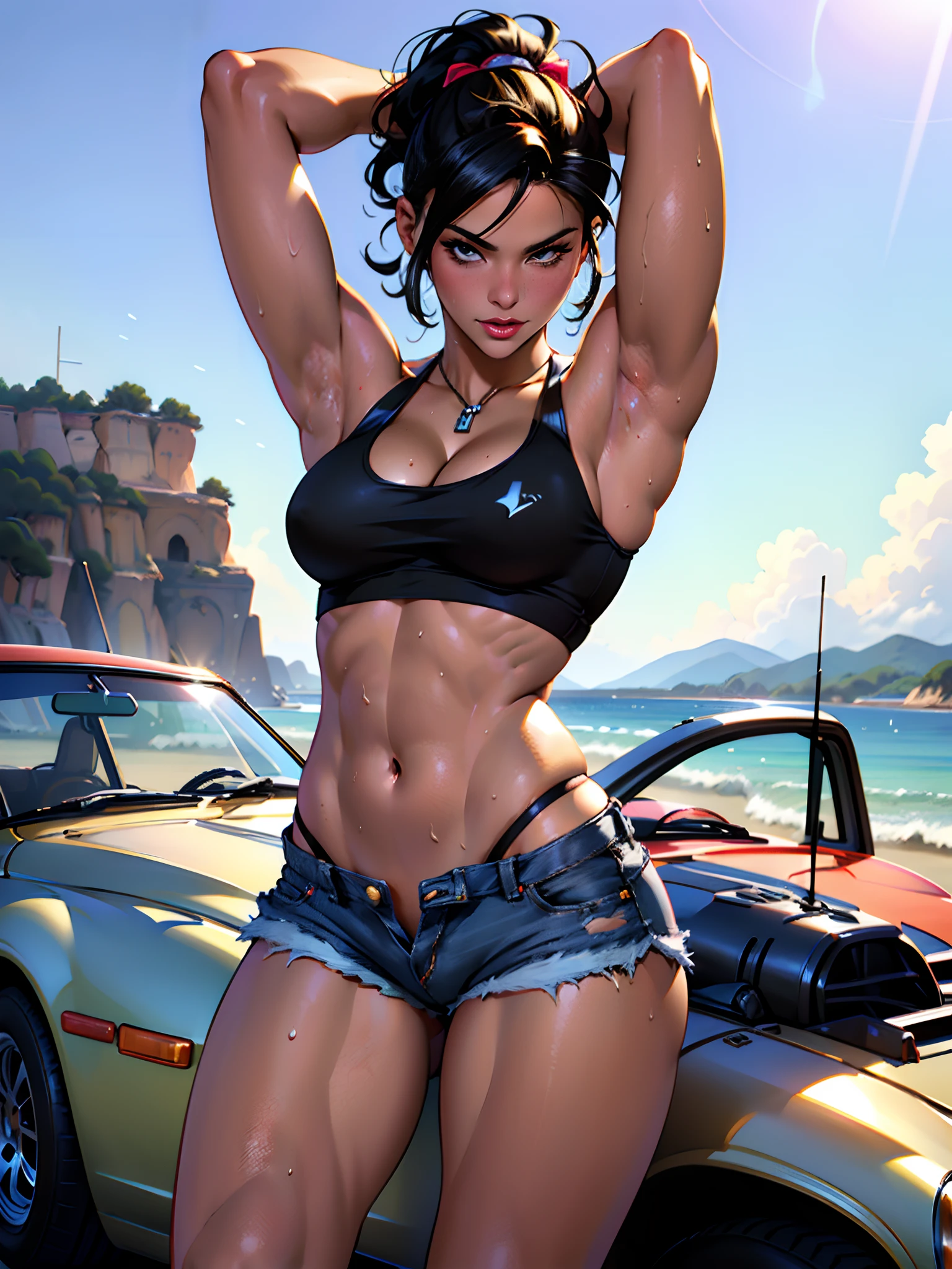 (High quality, Best Rendering), (Beautiful Girl), Black hair(Bombshell, pinup style), psychopath, Crazy face, Sexy Pose, Jeans shorts, Tank top, pastel, Centered, scale to fit the dimensions, micro thong, Micro Bikini, Camel toe，Armpit sweat，Armpit hairy
