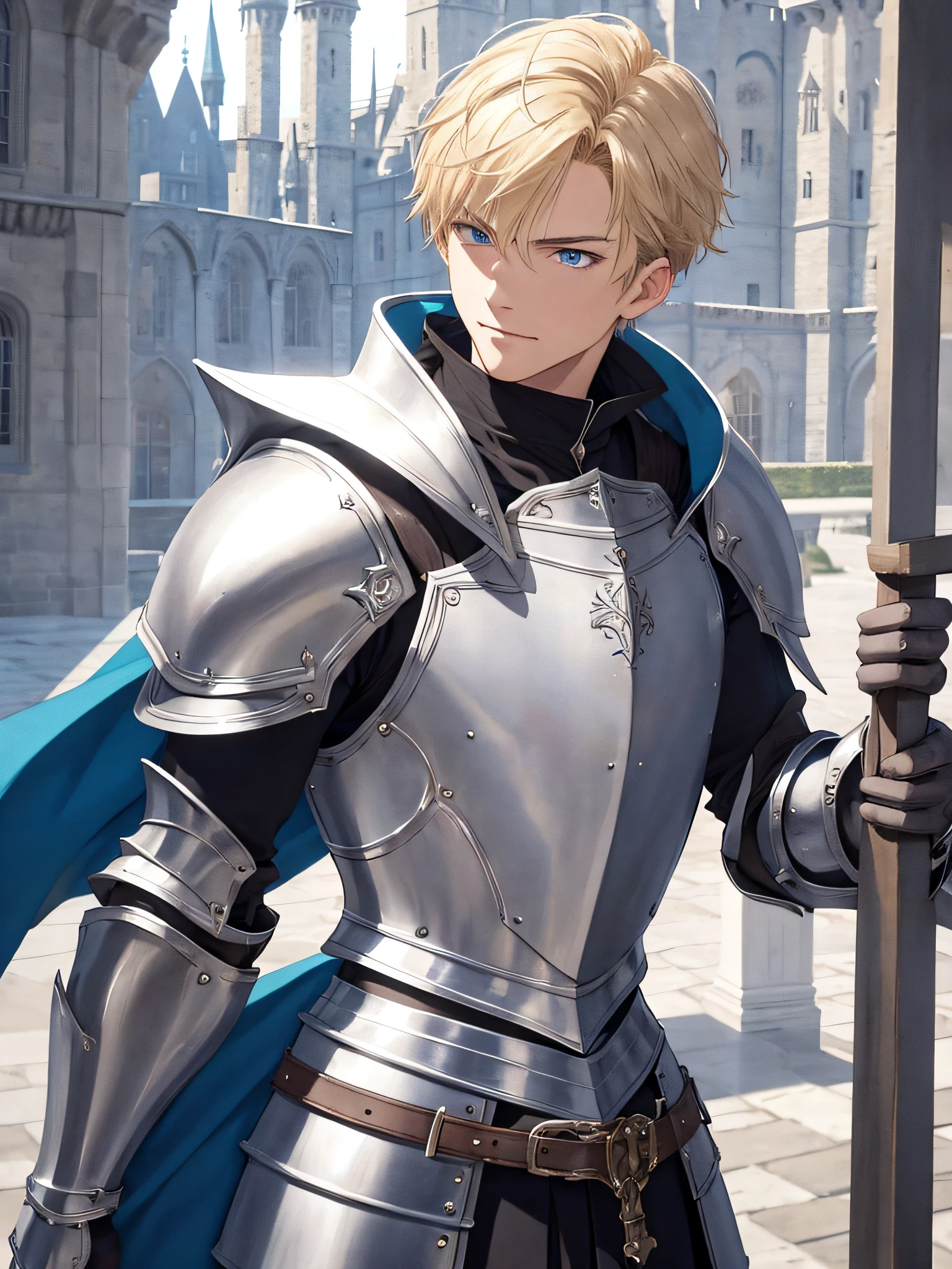 masterpiece, best quality, 1man, adult, masculine, male focus, solo, blonde hair, smirk, man, short hair with fringe, short lenght hair, vibrant blue eyes, looking at viewer, cape, High quality metal texture, closed mouth, bangs, high collar,(kbxll:0.6), Fantasy aesthetics, Highly detailed, shadowverse style, medieval castle, knight, full plate armor