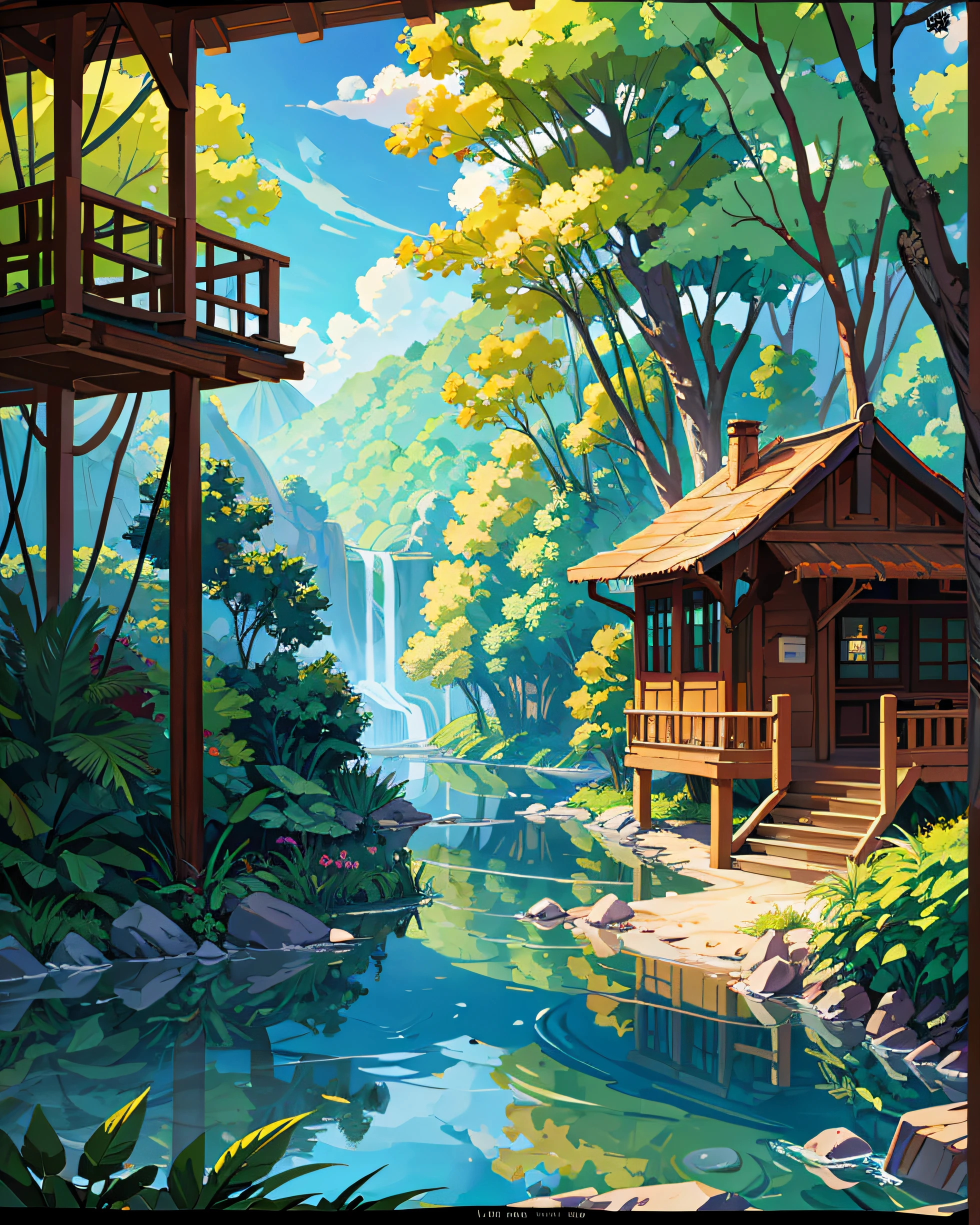 Masterpiece, a house on the edge of river, jungle, trip, nature,  primitive, profesional art, art concept, landscape, (wallpaper unified 8k), best view, HD quality, detailed, perfect view, esthetic, nft.