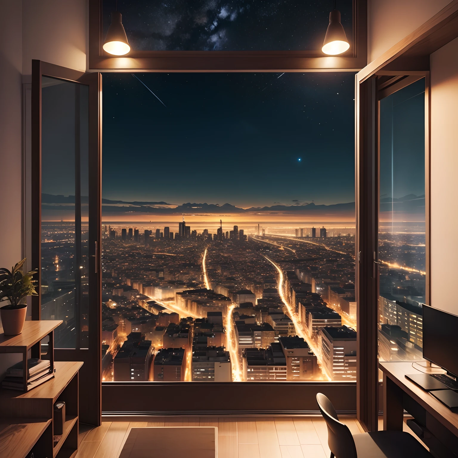 El fondo es la sala de un departamento con vista hhacia la ciudad de noche, Jungkook y Yeji