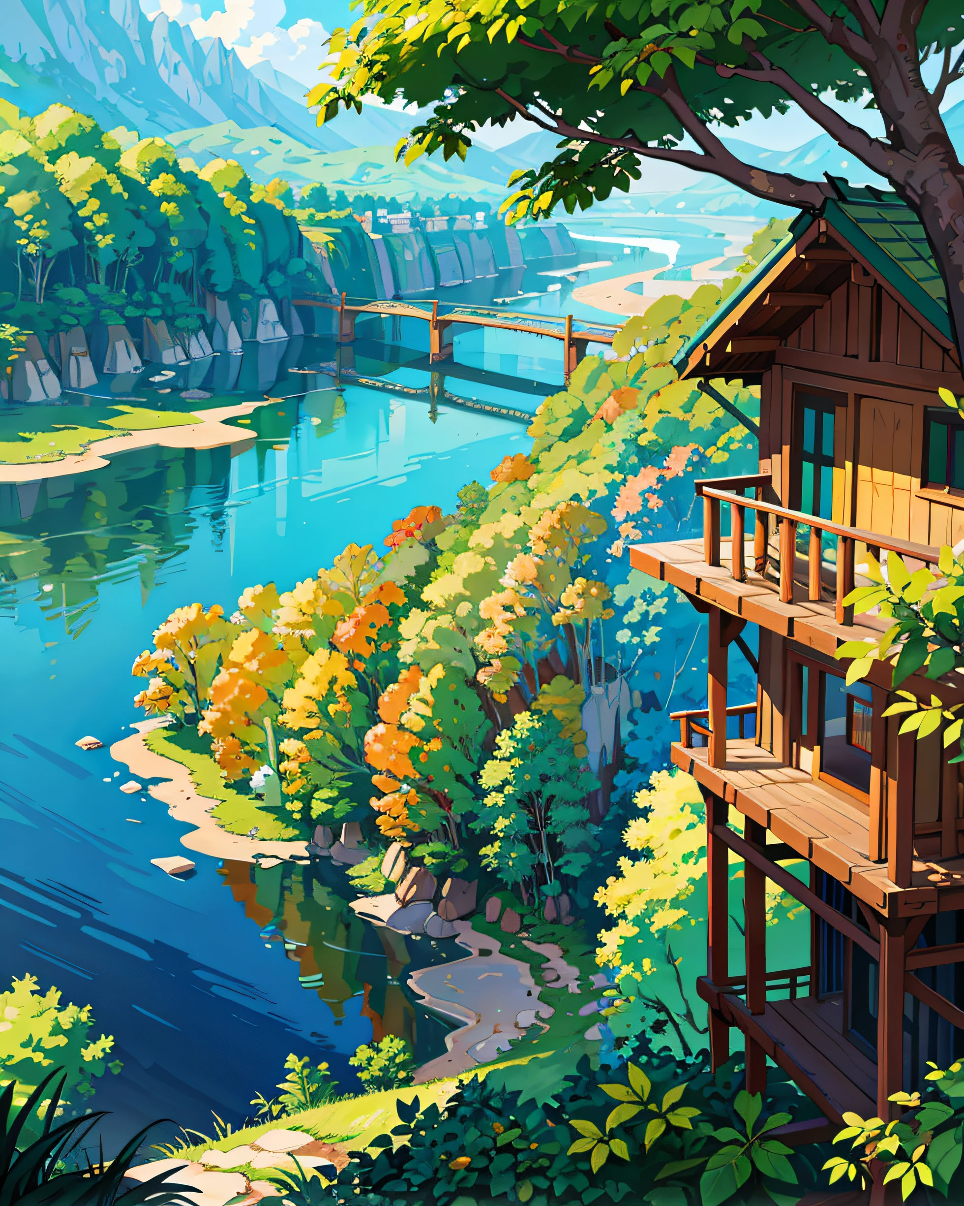 Masterpiece, a house on the edge of river, jungle, trip, nature, primitive, profesional art, art concept, landscape, (wallpaper unified 8k), best view, HD quality, detailed, perfect view, esthetic, nft.