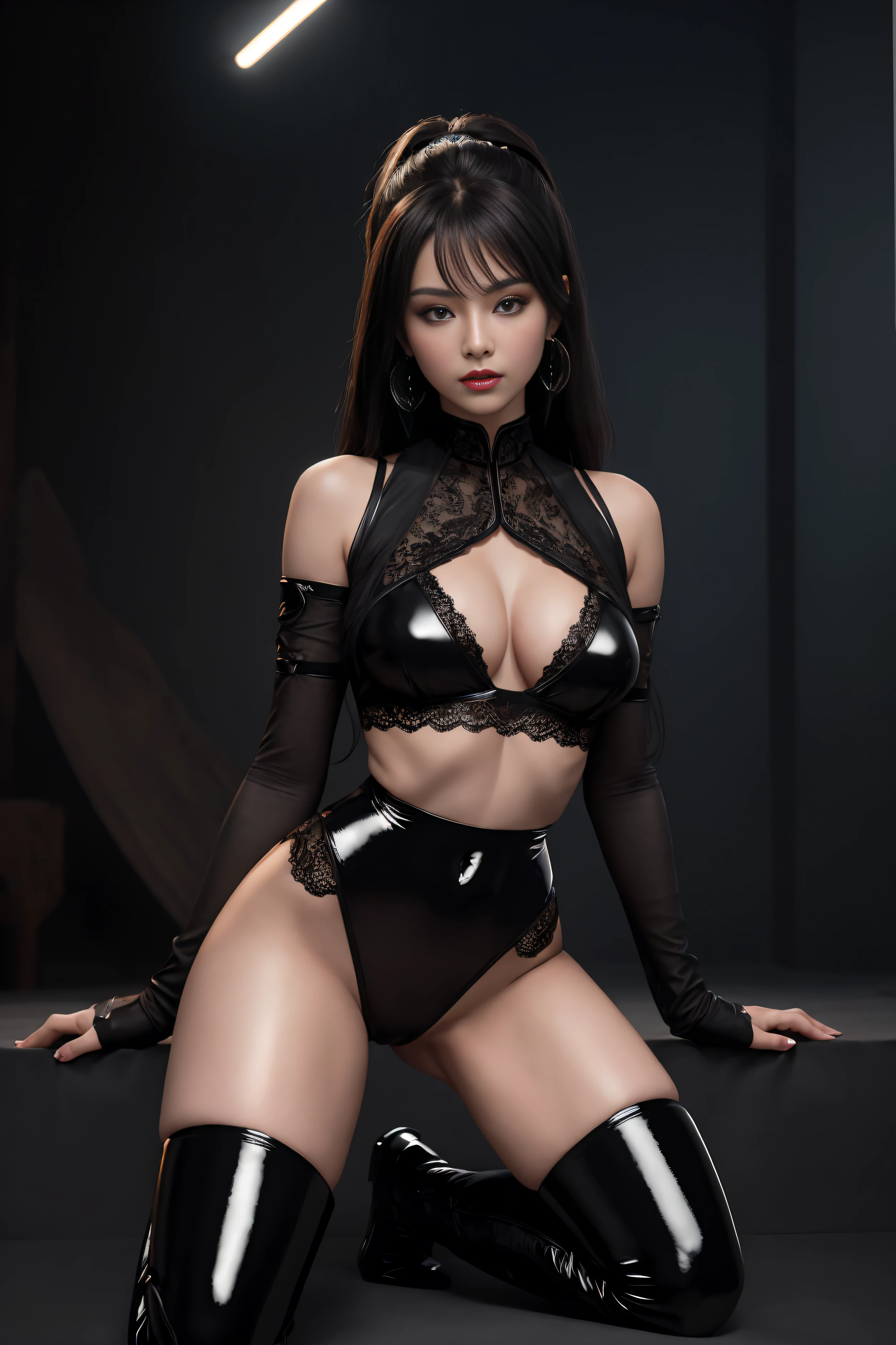 (masterpiece, top quality, best quality, official art, beautiful and aesthetic:1.2), (1girl:1.3), (fractal art:1.3), solo, Jade from mortal kombat, Mortal Kombat video game, black headband, long hair, large breasts, deep cleavage, beautiful face, Asian lady, see-through lace top, see-through skimpy tiny thin panties, dark thick pubic hair, black lace gloves, black brown hair, black nylon stockings, long patent leather black boots , earrings, midriff, navel, toned, looking at viewer, full body, seductive stance, legs apart, the background behind very dark and black, bright neon lighting