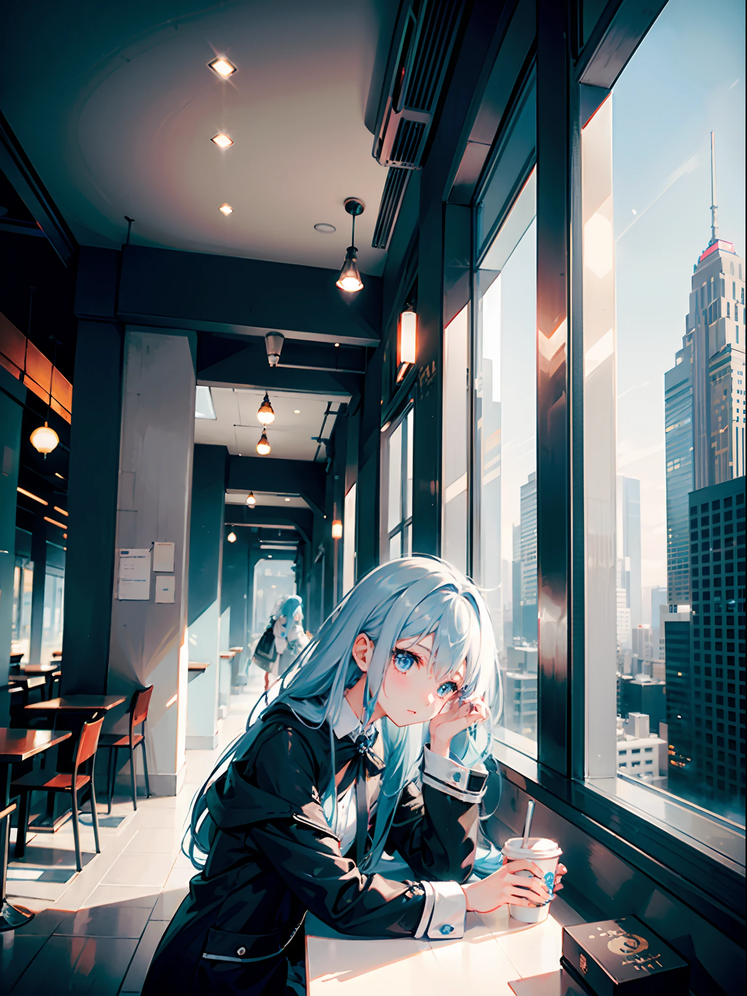 One girl, blue hairs, length hair, Manteau blanc, looking at from the front, futuristic cities, cafes, sitting on, Drinking coffee, embarrassed from, Red cheeks, Turn your face away, blue eyess, high-level image quality, Best Quality, Ultra-delicate