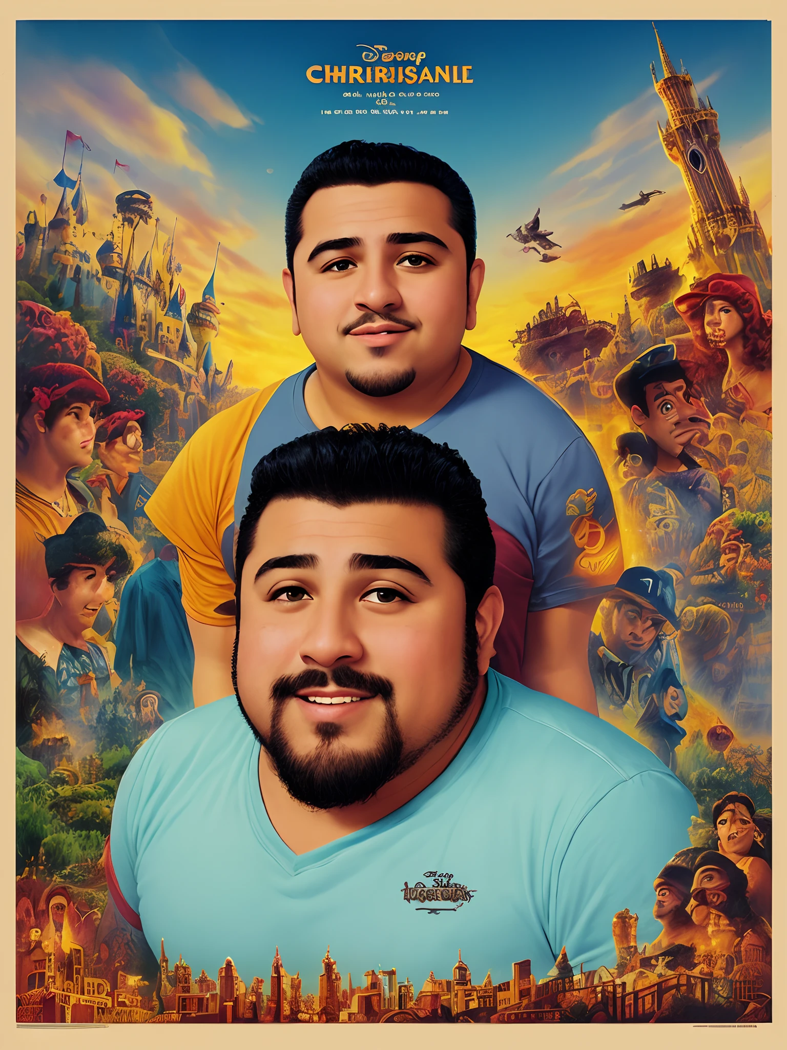 Disney movie poster of chubby Hispanic Guy. Title is Christian Ramirez