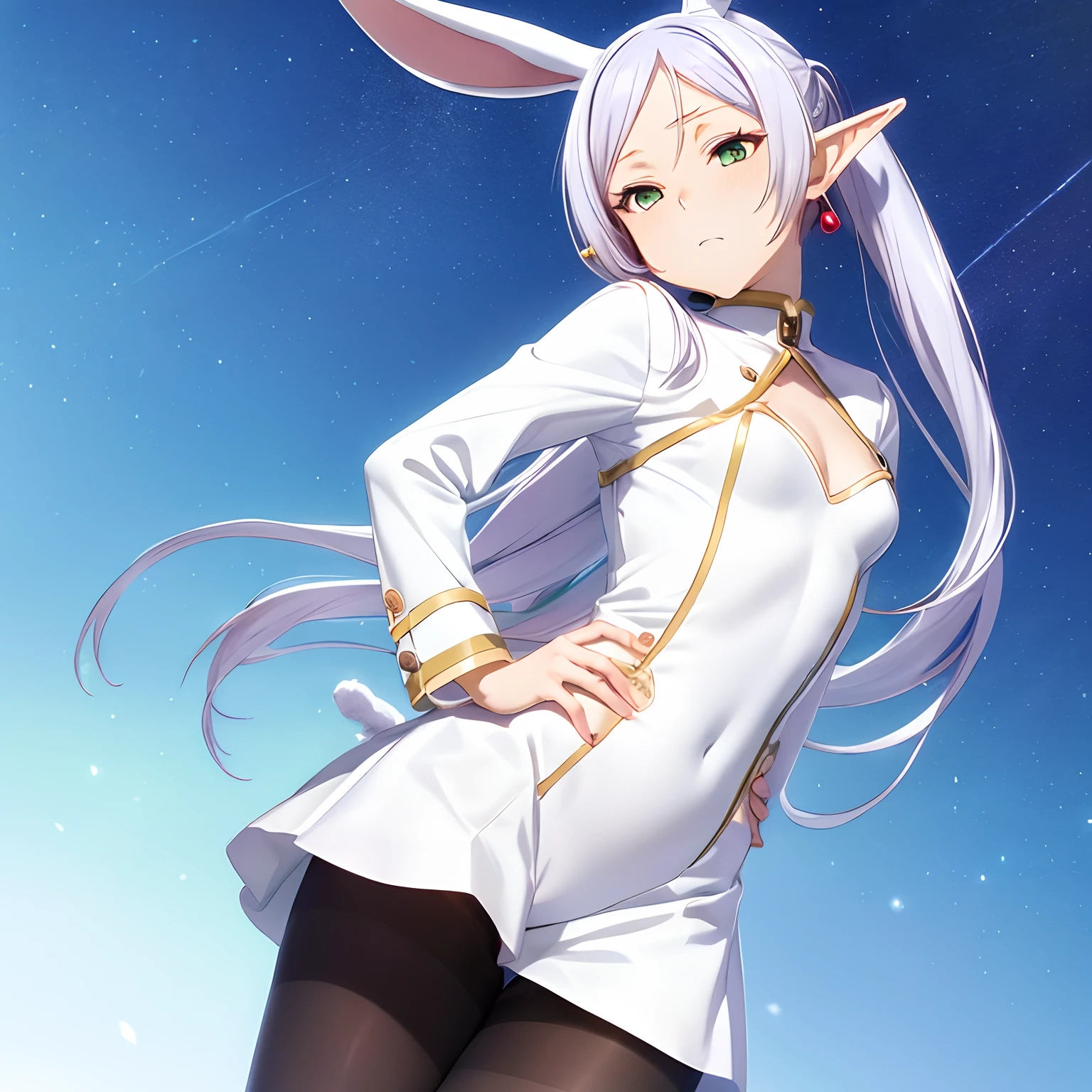 ((masutepiece)), (Best Quality), hight resolution, Ultra-detailed,
1girl in, earrings, elf, Long hair, Long sleeves, pointy ear, Solo, Twin-tailed, Green eyes, earrings, White hair, Looking at Viewer,
((bunnygirl))、 ((Black pantyhose)),simple background、((Leotard))、((Embarrassed expression))、(low angles)、put hands on the hip、((White cuffs))