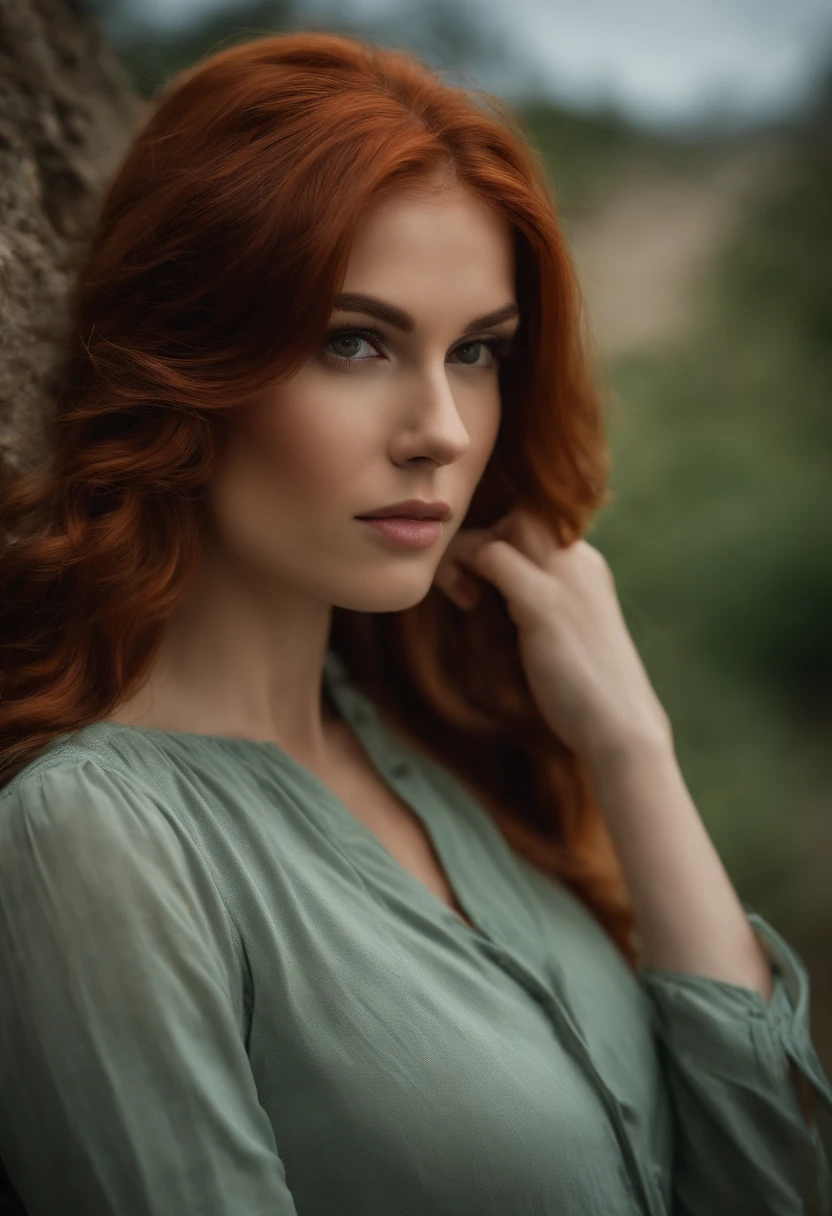 profesional, (Foto 4k:1.1) por (Jeremy Lipking:0.3), (Dittmann Anna:0.3), (Marca ariana:0.3), (foco nítido:1.3), High detail, Vistiendo (Camisa ajustada:1.2), Hermosa cara detallada, An attractive woman with long red hair looks at the camera, luciendo como actriz Katherine McNamara, Panasonic Lumix s pro 50mm f/1.4, Anne Stokes, salpicaduras de color, naranja oscuro y esmeralda oscura, Ferrania P30, Foto realista, (Mujer joven atractiva:1.3), (seductor:1.5000), (ruboroso:1.1), Forma del cuerpo con curvas, pechos grandes y redondos, caderas anchas, en la ciudad de fondo, Tomar selfie, Jersey de uso