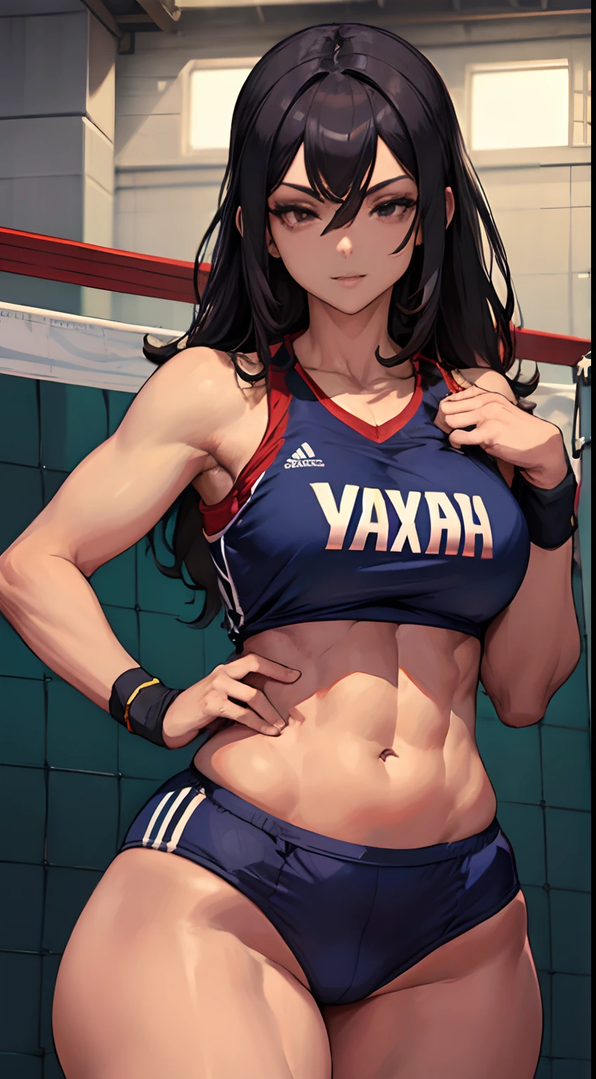 lindo, (obra-prima: 1.2), (melhor qualidade: 1.2), SFW, perfect lighting, mulher bonita, Pele vermelha, rabo de cavalo, suada, sorriso sensual, realista, Texturas, peito grande, sexy, anatomia perfeita, 8k perfect hands, Volleyball, Roupa de Volleyball, jogadora, dingy gym, pessoas de fundo, Volleyball Tournament