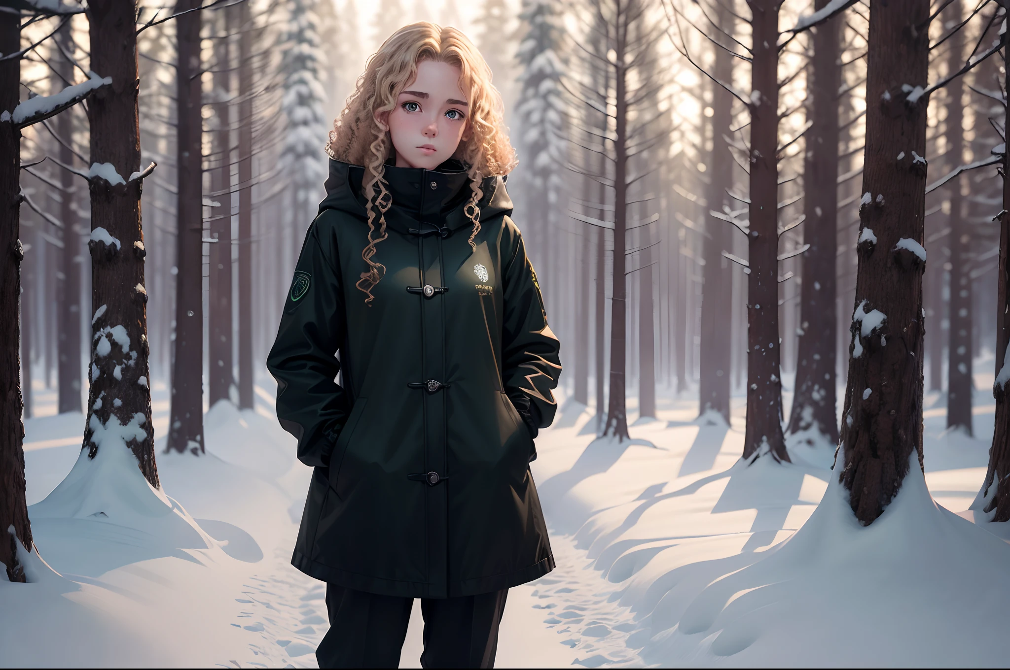 realistic 8k image of a -yeld te blonde curly hair, beautiful, extremely detailed green eyes, dressed in a black coat and black pants, standing next to a tree in an open field of a snow-filled forest, anime style art