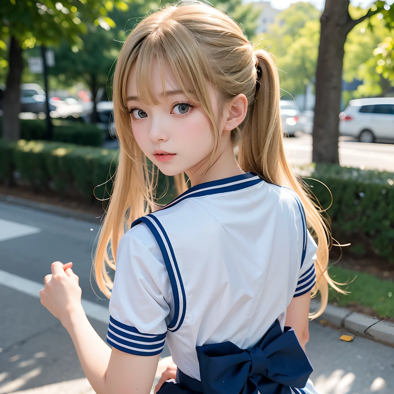 Her windblown blonde hair obscures her pretty face..、Bangs that flow between the eyes、Sexy big 、16 year old cute little smile、Shiny, bright, straight, super long blonde hair、Cute and beautiful long, smooth bangs covering the area between the eyes、Long, straight, silky hair、sexy and cute beautiful young girl、clear, white and Shiny skin、Shiny skin、Beautiful Face、Beautiful brown eyes that shine so brightly、Very big eyes、Small Face Beauty、Perfect beauty、(Whole body 4:1)、(high school girl)、Climbing the stairs at school、Shot from below、Looking back from behind、uniform、Sailor suit、Short skirt、The pants are a little visible、Sexy pose、gravure、 information