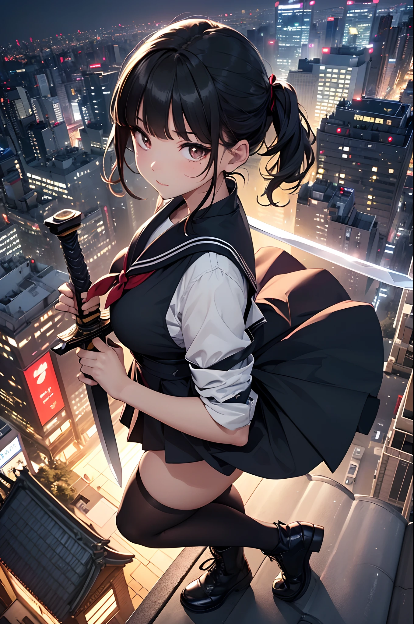 (Official art、Best Quality、Unity 8k Wallpapers、32K、masterpiece、ultra-detailliert、超A high resolution、realisitic、Photorealsitic:1.2)、(Cinematic lighting:1.2)、Fireglow effect、film grains、Best Shadows、Rim lighting、side lights、sideshot、(Ultra-detailed and complex 3D rendering)、Detailed beautiful face and eyes、Sharp pupils、Realistic pupils、A slender、1Man Woman、Medium bust、(Full body:1.2)、 Highly detailed background、beauitful face、16-year-old beautiful girl、(super detailed skin、detailed skin textures:1.3)、Black hair、Blunt bangs、Brown-eyed、a sailor suit、pleatedskirt、Black stockings、(thighs thighs thighs thighs:0.8)、Black boots、(Tokyo at night、On the roof of a building:1.4)、(carrying a big sword:1.3)、(Looking away、overlooking a city:1.3)、Squatting
