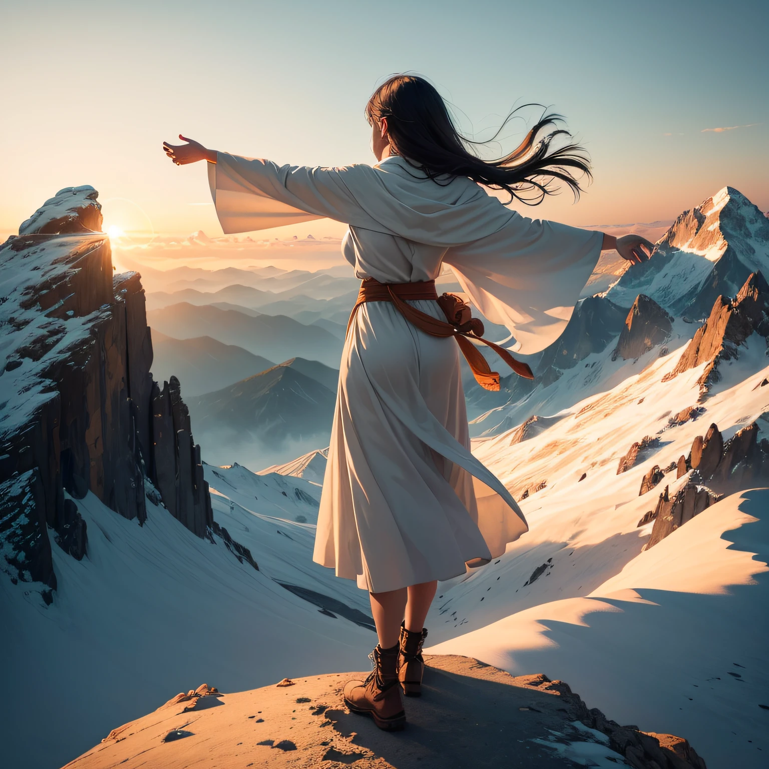 Create a powerful and inspiring artwork depicting a person standing triumphantly atop a majestic mountain peak, their arms outstretched wide, facing the other side. The scene is bathed in the soft glow of a sunrise, casting warm hues across the landscape. Capture the awe-inspiring moment of embracing a new day filled with hope and endless possibilities. Convey the sense of accomplishment, freedom, and connection with nature. Incorporate the subtle details of the mountainous terrain and the gentle play of light and shadow. Infuse the artwork with a feeling of serenity, gratitude, and inner peace. Let the viewer feel the exhilaration of standing on the brink of a new beginning, ready to face the challenges with unwavering determination and positivity. Use a harmonious color palette and expressive brushstrokes to evoke a sense of wonder and admiration for the beauty of nature and the human spirit.