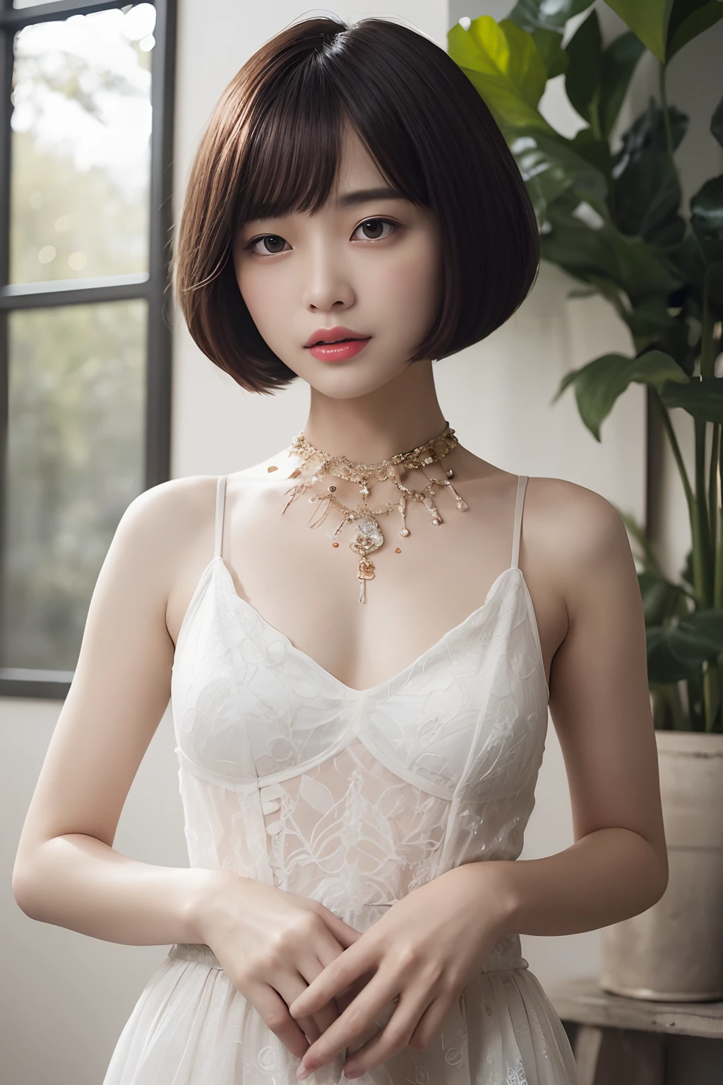 top-quality, tmasterpiece, A high resolution, 1girll, beautiful and flawless face, bob-cut, very long dress, intricately details, SENSE OF CINEMA, 8K, The is very detailed、Camellia safflower