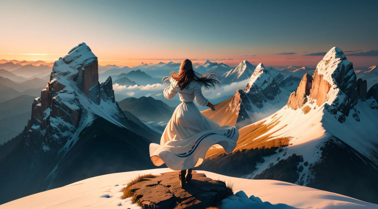 Create a powerful and inspiring artwork depicting a person standing triumphantly atop a majestic mountain peak, their arms outstretched wide, facing the other side. The scene is bathed in the soft glow of a sunrise, casting warm hues across the landscape. Capture the awe-inspiring moment of embracing a new day filled with hope and endless possibilities. Convey the sense of accomplishment, freedom, and connection with nature. Incorporate the subtle details of the mountainous terrain and the gentle play of light and shadow. Infuse the artwork with a feeling of serenity, gratitude, and inner peace. Let the viewer feel the exhilaration of standing on the brink of a new beginning, ready to face the challenges with unwavering determination and positivity. Use a harmonious color palette and expressive brushstrokes to evoke a sense of wonder and admiration for the beauty of nature and the human spirit.