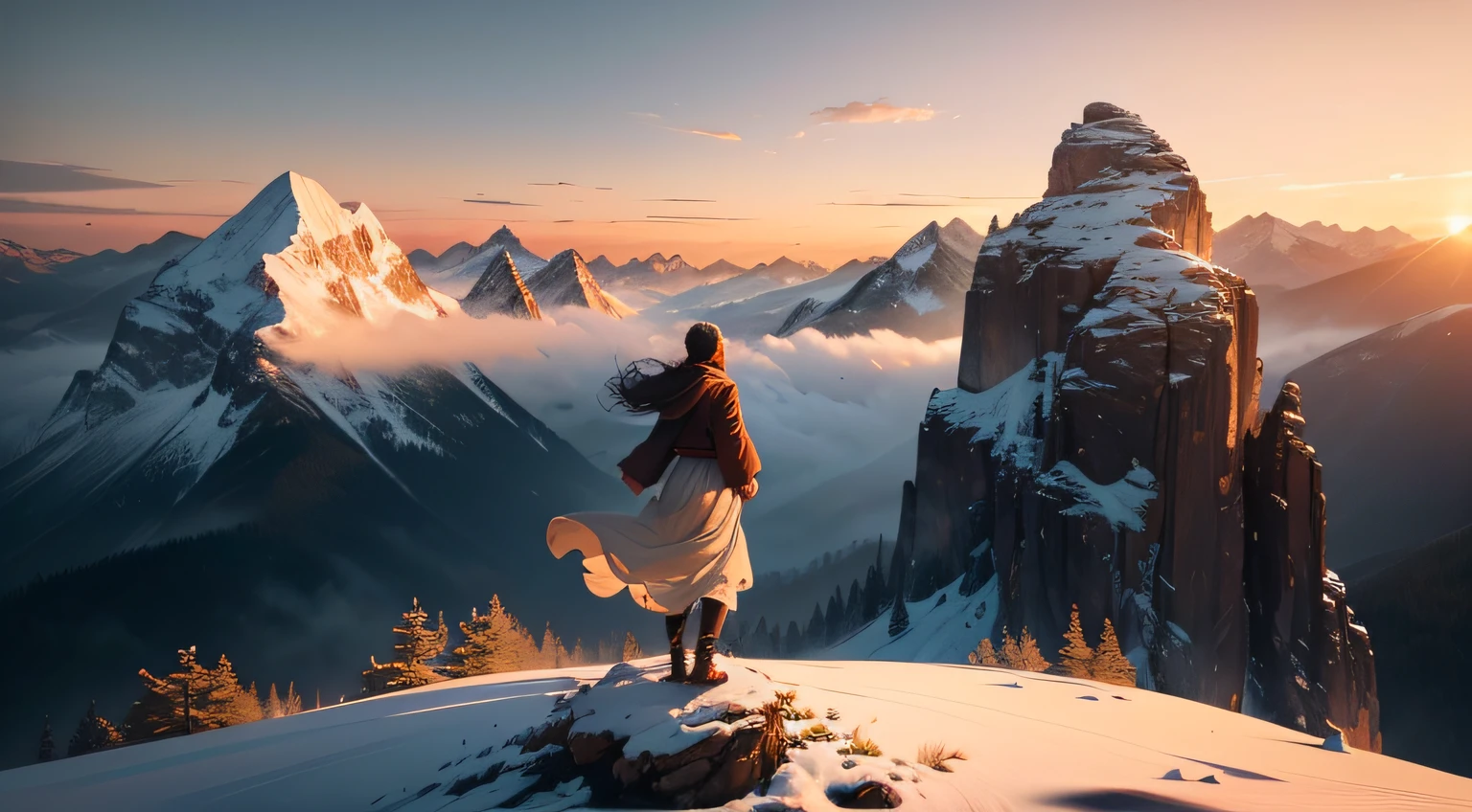 Create a powerful and inspiring artwork depicting a person standing triumphantly atop a majestic mountain peak, their arms outstretched wide, facing the other side. The scene is bathed in the soft glow of a sunrise, casting warm hues across the landscape. Capture the awe-inspiring moment of embracing a new day filled with hope and endless possibilities. Convey the sense of accomplishment, freedom, and connection with nature. Incorporate the subtle details of the mountainous terrain and the gentle play of light and shadow. Infuse the artwork with a feeling of serenity, gratitude, and inner peace. Let the viewer feel the exhilaration of standing on the brink of a new beginning, ready to face the challenges with unwavering determination and positivity. Use a harmonious color palette and expressive brushstrokes to evoke a sense of wonder and admiration for the beauty of nature and the human spirit.