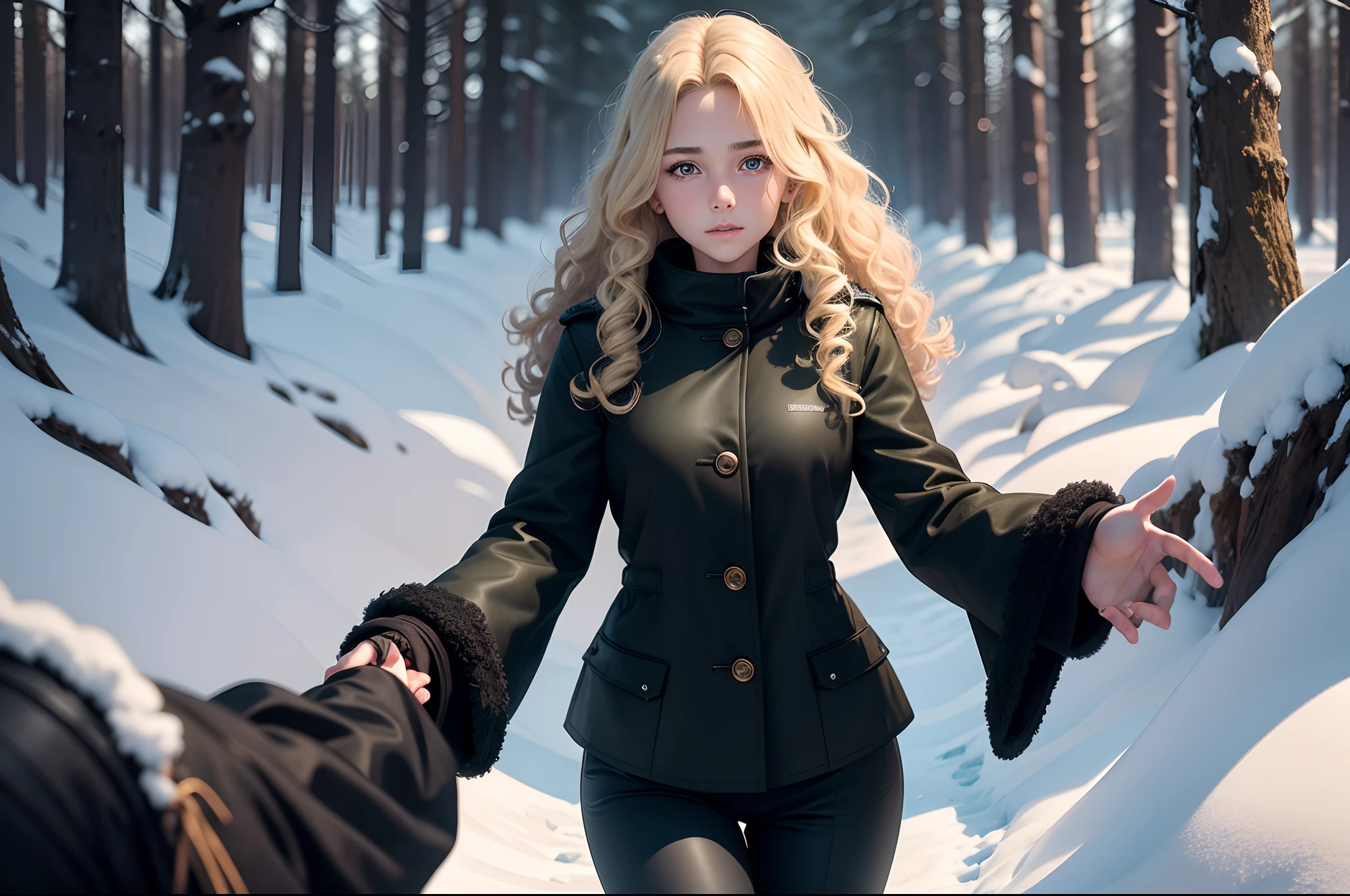 realistic, 8k image of a 15 year old teenage girl, blonde curly hair, beautiful, extremely detailed green eyes, dressed in a black coat and black pants, reaching out for a handshake in an open field of a forest full of snow, anime style art