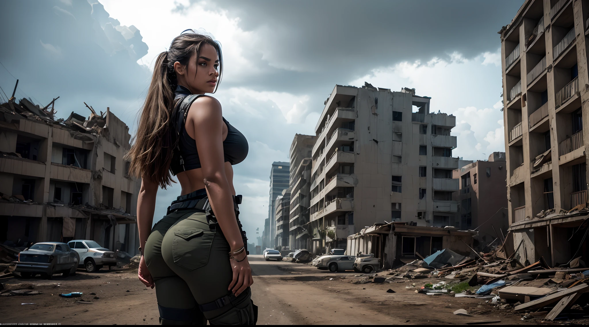 (masterpiece, ....cgi:1.2), (Beautiful woman:1.2), (shiny body covered in sweat:1.2), (long hair:1.2), (sunglasses:1.2), (jean shorts too short :1.2), (thick thighs and ripped physique:1.2), (Low-angle shot:1.2), (emerging on a sunny desert road:1.2), (surrounded by wrecked cars, planes, and destroyed buildings:1.2) ) , (Apocalyptic setting:1.2), (Resilient and determined expression:1.2), (Stunning details on clothing and accessories:1.2), (Scorched desert landscape:1.1), (Evidence of survival and resilience:1.2), (Physical strength and impressive power:1.2), (Realistic textures and lighting:1.2), (A sense of post-apocalyptic destruction:1.2), (Masterful scene execution:1.2)