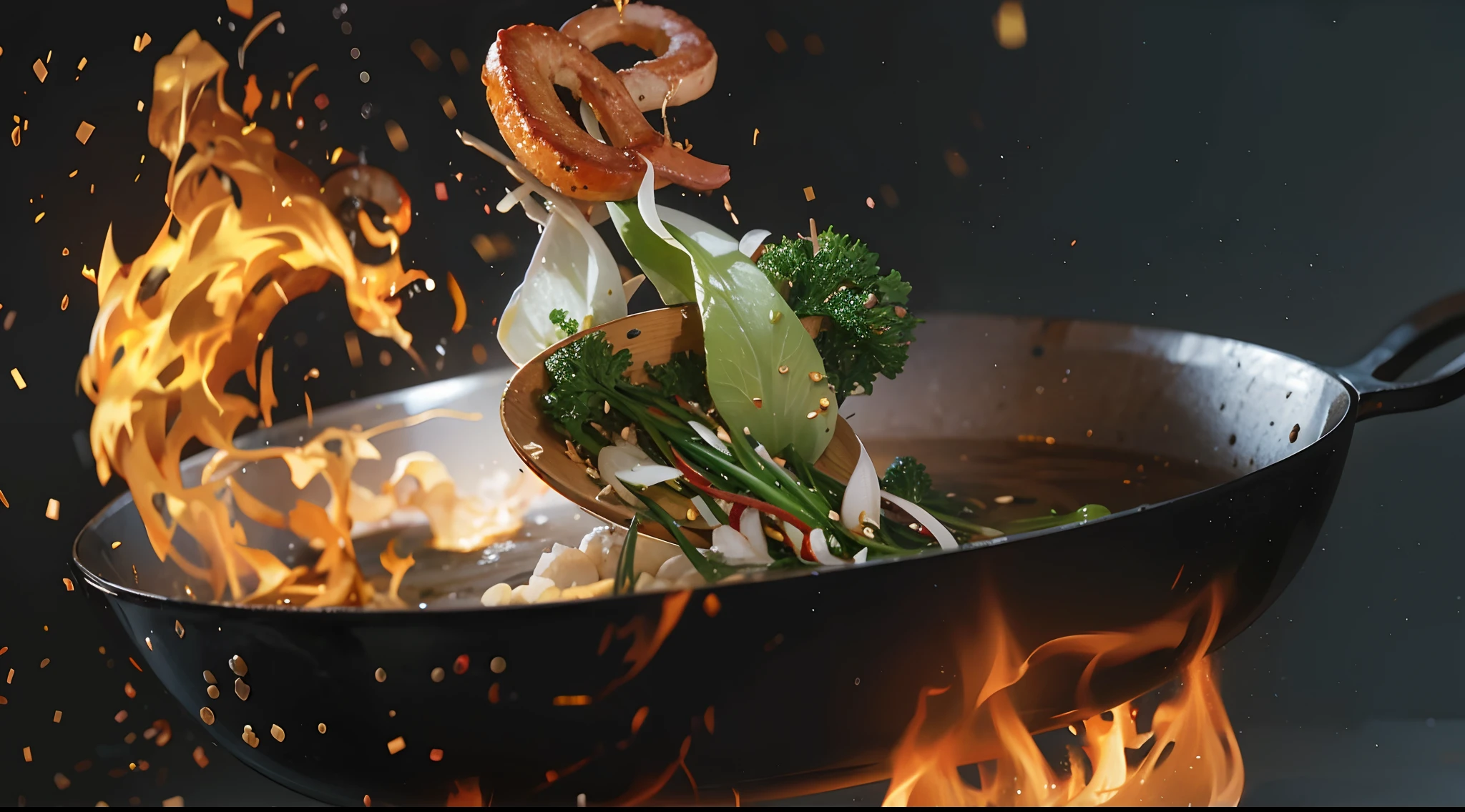 wok,火焰,cooking a,
