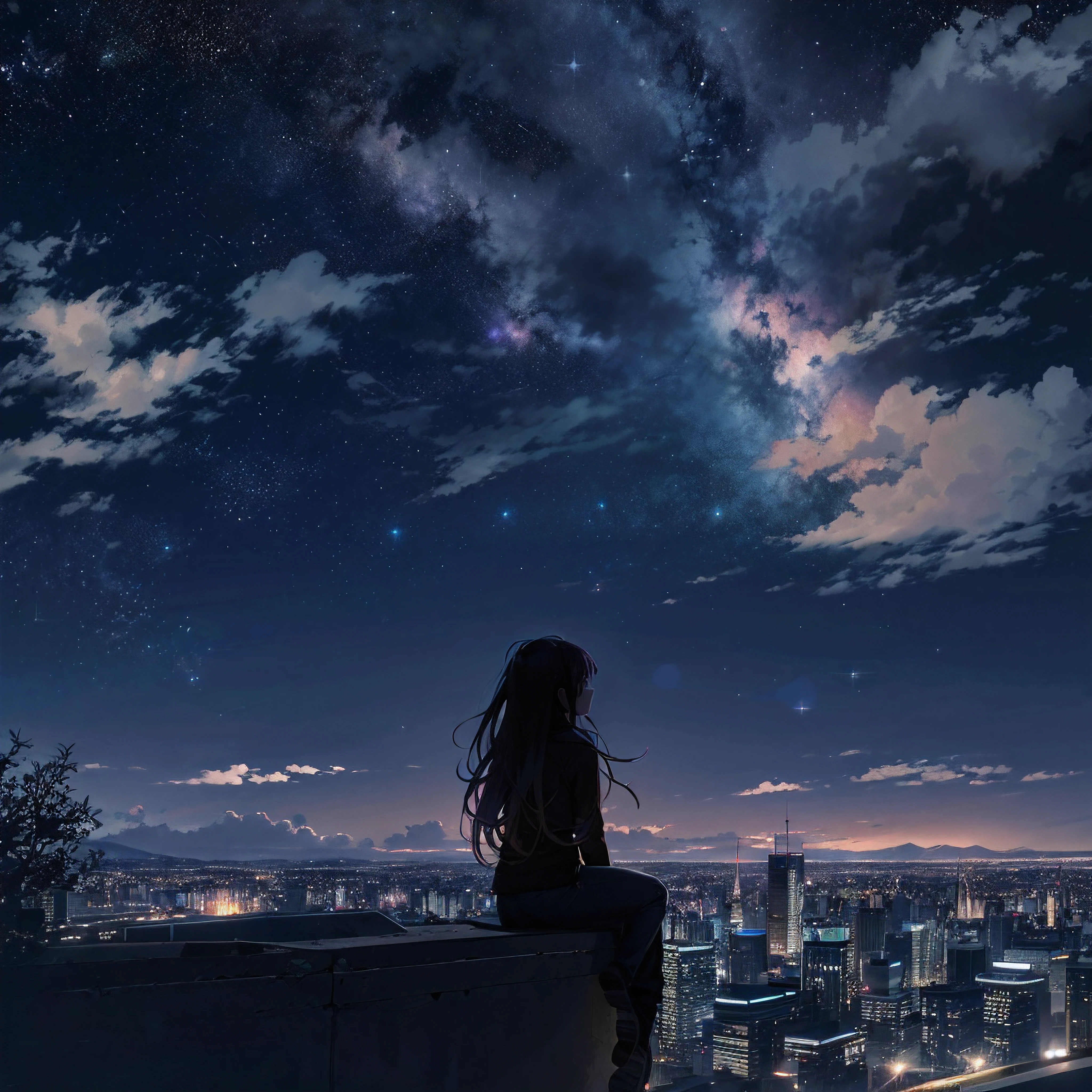 octans, sky, star (sky), scenery, starry sky, night, 1girl, night sky, solo, outdoors, building, cloud, milky way, sitting, tree, long hair, city, silhouette, cityscape