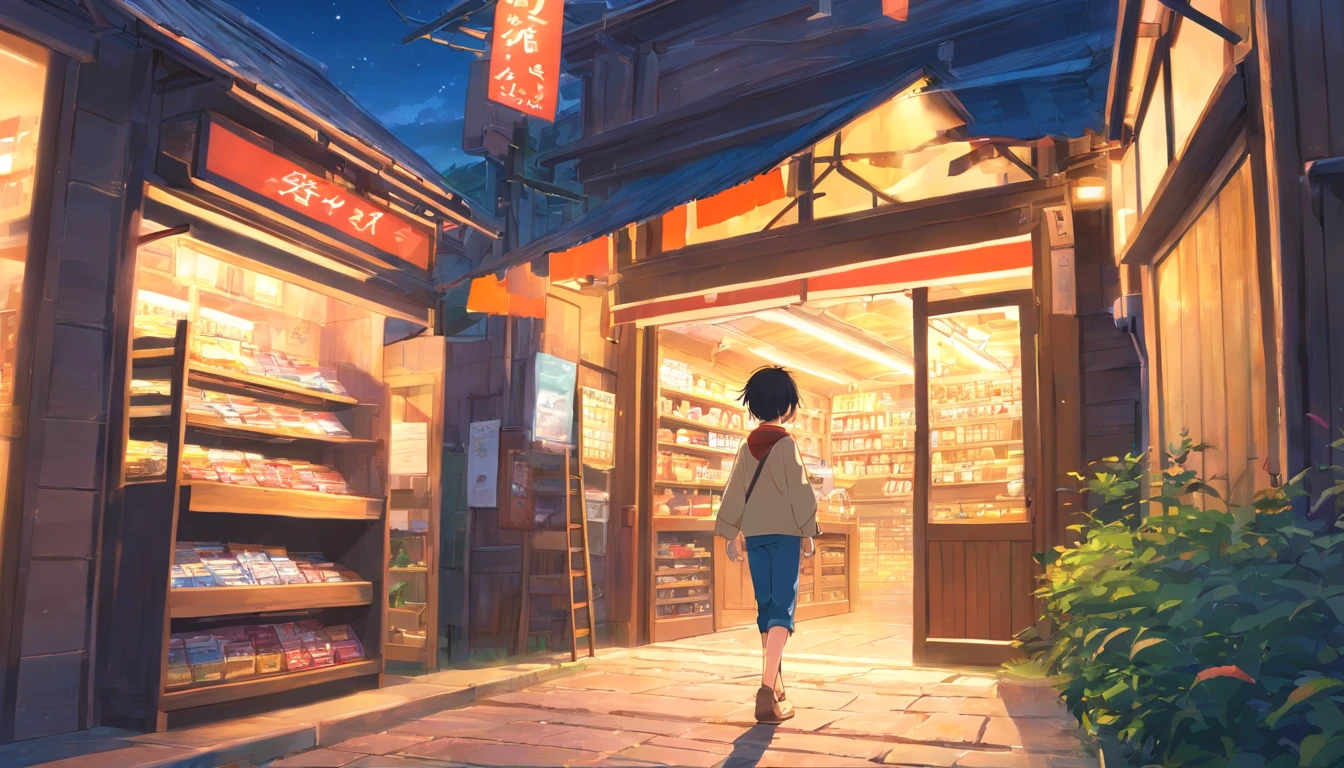 um aventureiro,saco de lixo no ombro, Sad-faced peasant boy coming out of a shop, estilo anime, estilo da capa do livro, the sunset as the day gives way to the night, A starry sky begins to rise above, imagem circundante