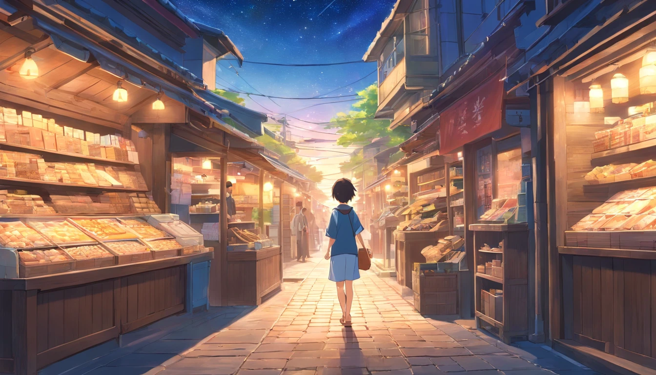 um aventureiro,saco de lixo no ombro, Sad-faced peasant boy coming out of a shop, estilo anime, estilo da capa do livro, the sunset as the day gives way to the night, A starry sky begins to rise above, imagem circundante