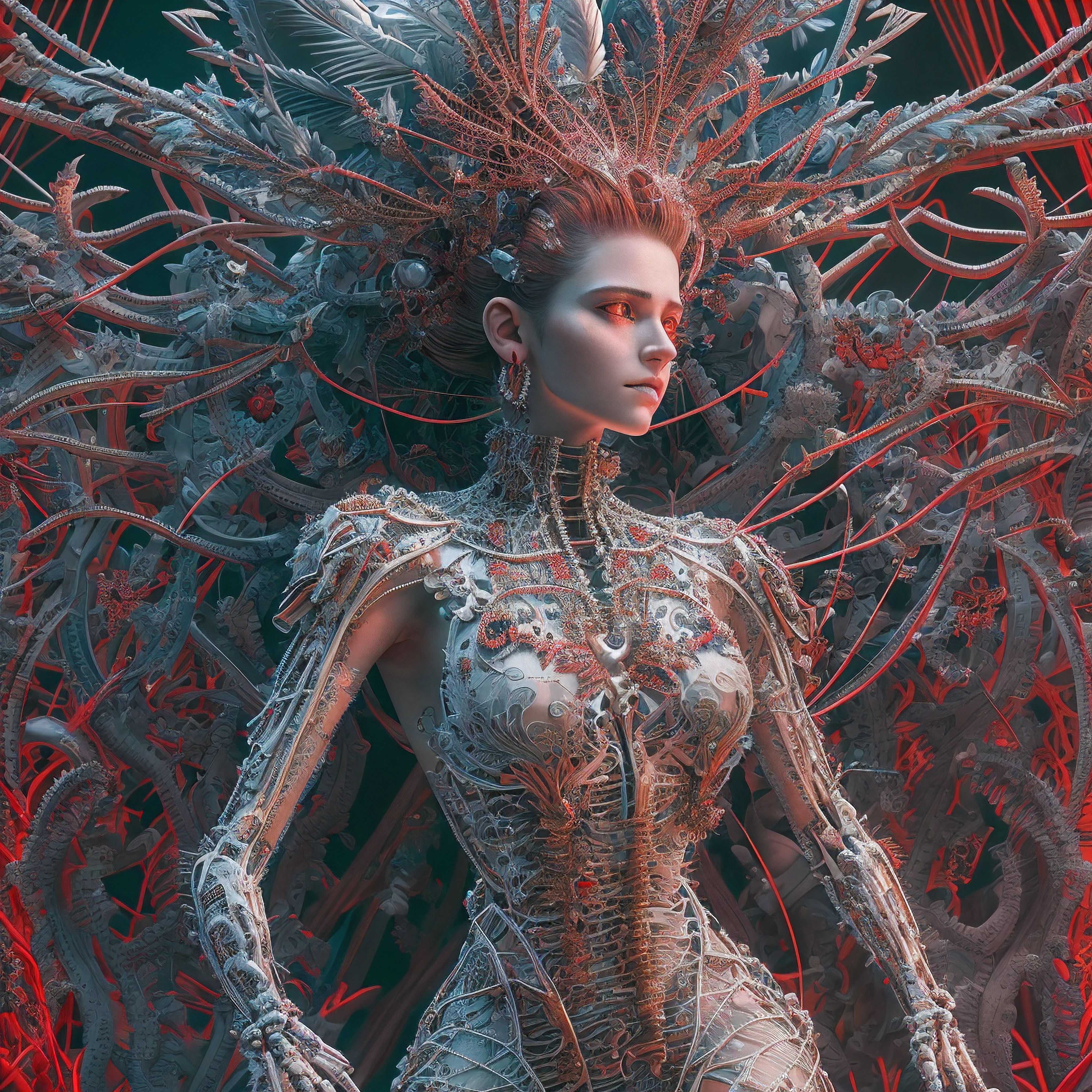 complex 3d render Super detailed beautiful death angel, Biomechanical Cyborg, Analog 150mm lens, Beautiful natural soft rim light, Neon Veins, roots, Fine leaf lace, Colorful details, Costumes by Boris Bidjan Saberi, Pearl Earrings, Earrings, Art Nouveau fashion embroidery, Intricate details, Mesh Wire, Mandelbrot Fractal, Facial muscles, Cable Wire, Microchip, Amazing guy, Ultra-realistic, Super detailed, Octane Rendering, Volumetric lighting, 8K Post-Production, Red and white with a little bit of black, Exquisite metal bones, Half-human, Rainbow-colored, Glenn Brown Style, Futuristic room, God's Power, High angle shot, Complex body poses