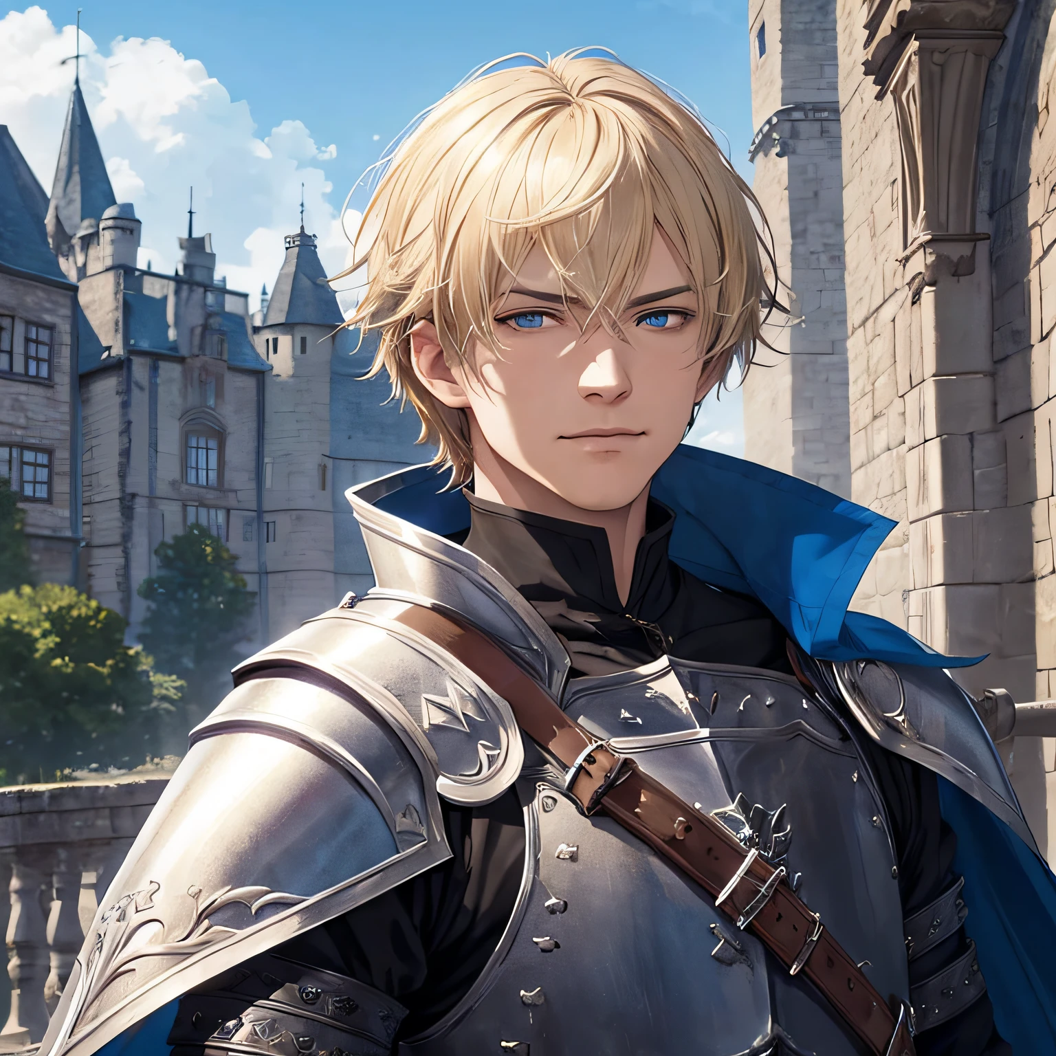 ((ArtStation)), ((Realistic Face)), masterpiece, best quality, 1man, adult, masculine, male focus, solo, blonde hair, smirk, man, short hair with fringe, short lenght hair, vibrant blue eyes, looking at viewer, cape, High quality metal texture, closed mouth, bangs, high collar,(kbxll:0.6), Fantasy aesthetics, Highly detailed, shadowverse style, medieval castle, knight, full plate armor, holding a sword