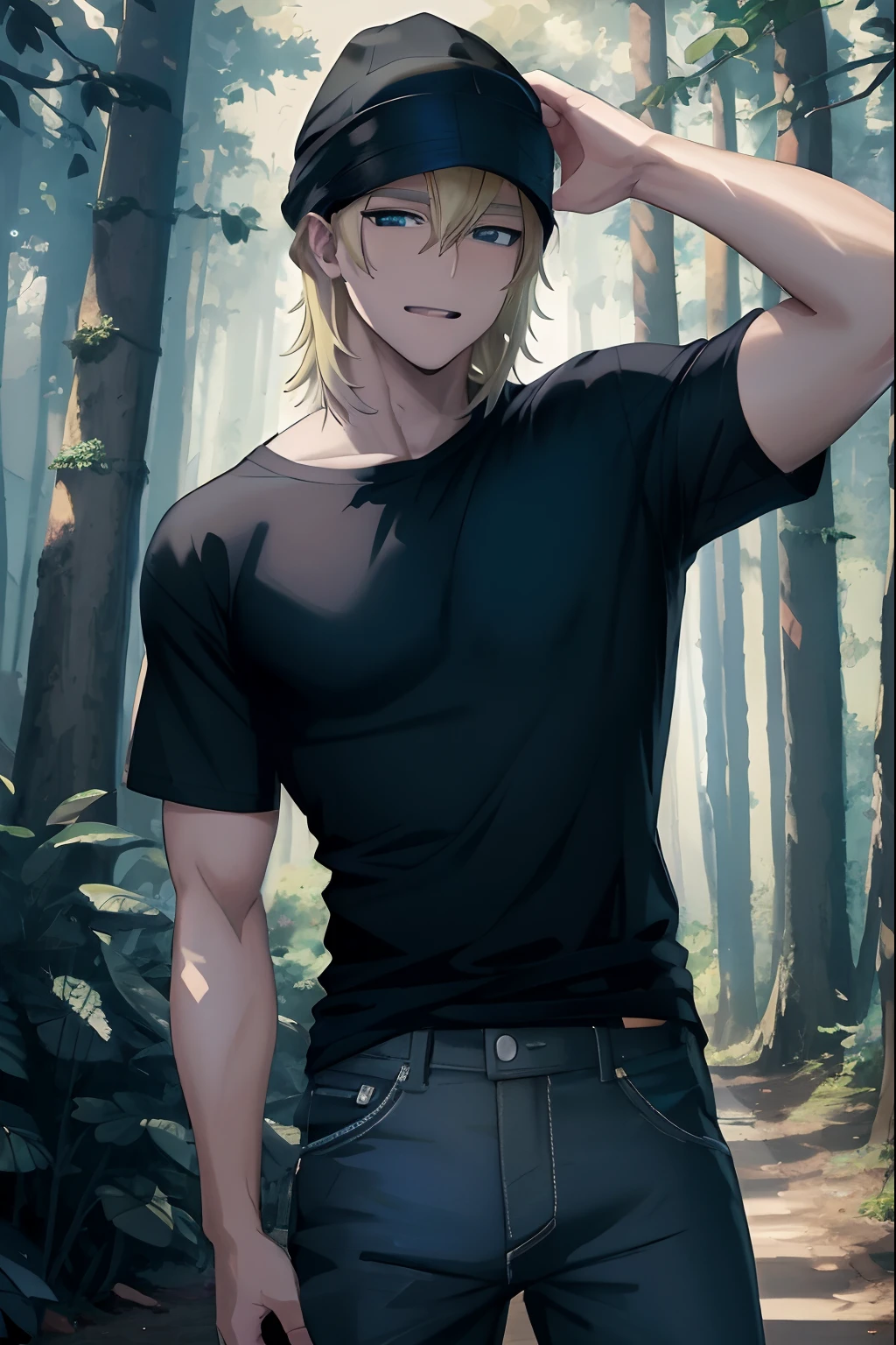 Black T-shirt, white shorts, blonde hair slicked back, sunglasses on head, dog ears, tail, blue slanted eyes, smiling, plant, young man