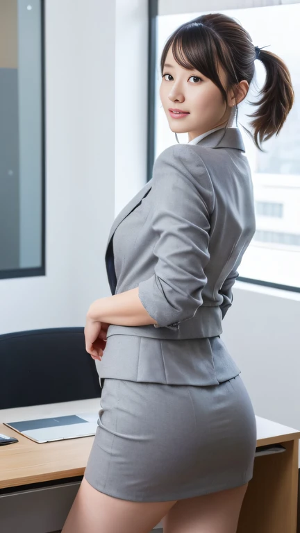 (Best quality, 8k, 32k, Masterpiece, UHD:1.2), 1 beautiful girl, ((close up:0.6)), beautiy Japanese office lady, (smile:0.5), (looking at the viewer), bit chubby, grey suit, grey mini skirt, white shirt, office room, desk, detailed beautiful face, pony-tail hair, from below,
