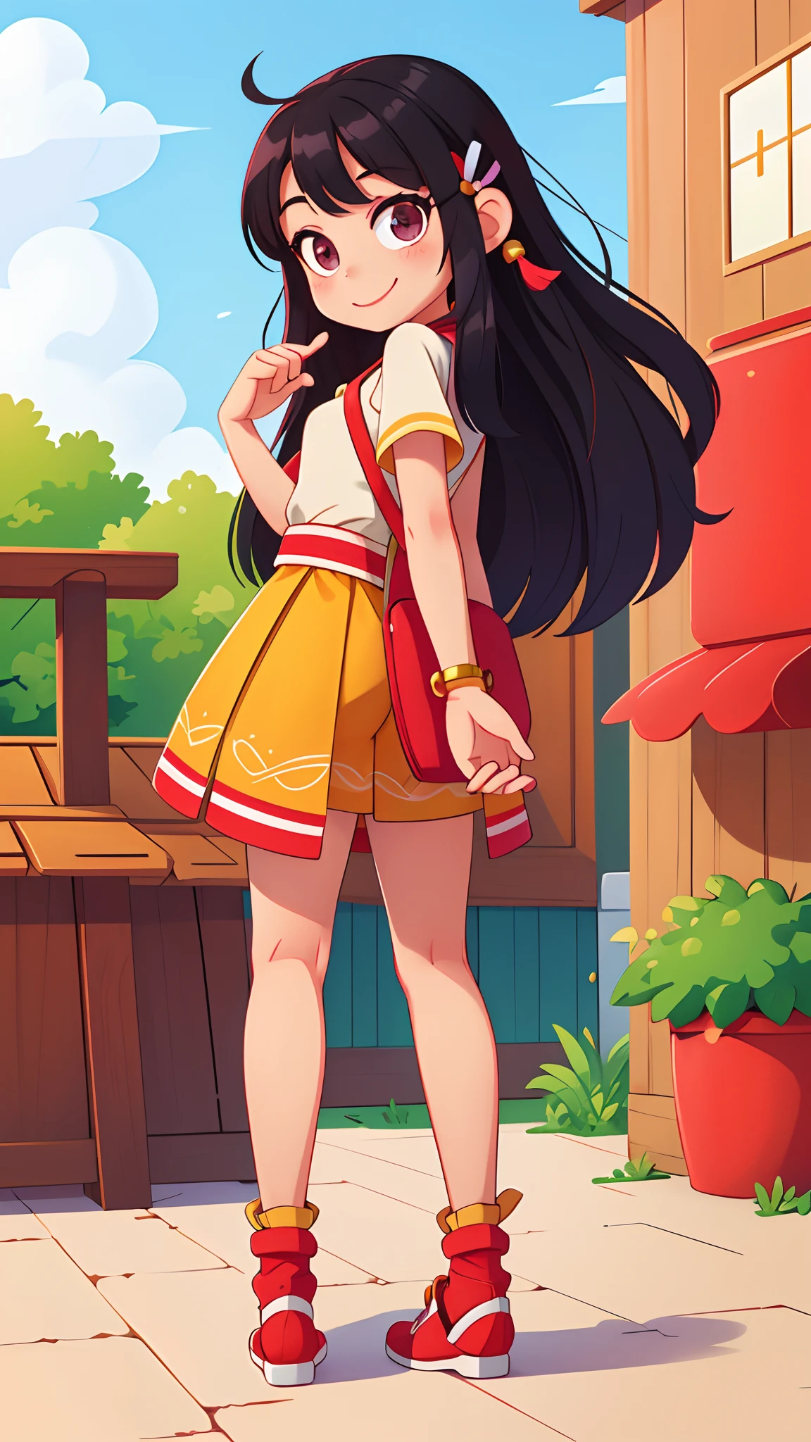 girl with、Put your hand to your mouth and smile、full body Esbian、Distinctive ethnic hair ornaments、Characteristic ethnic shoes、Taken from behind