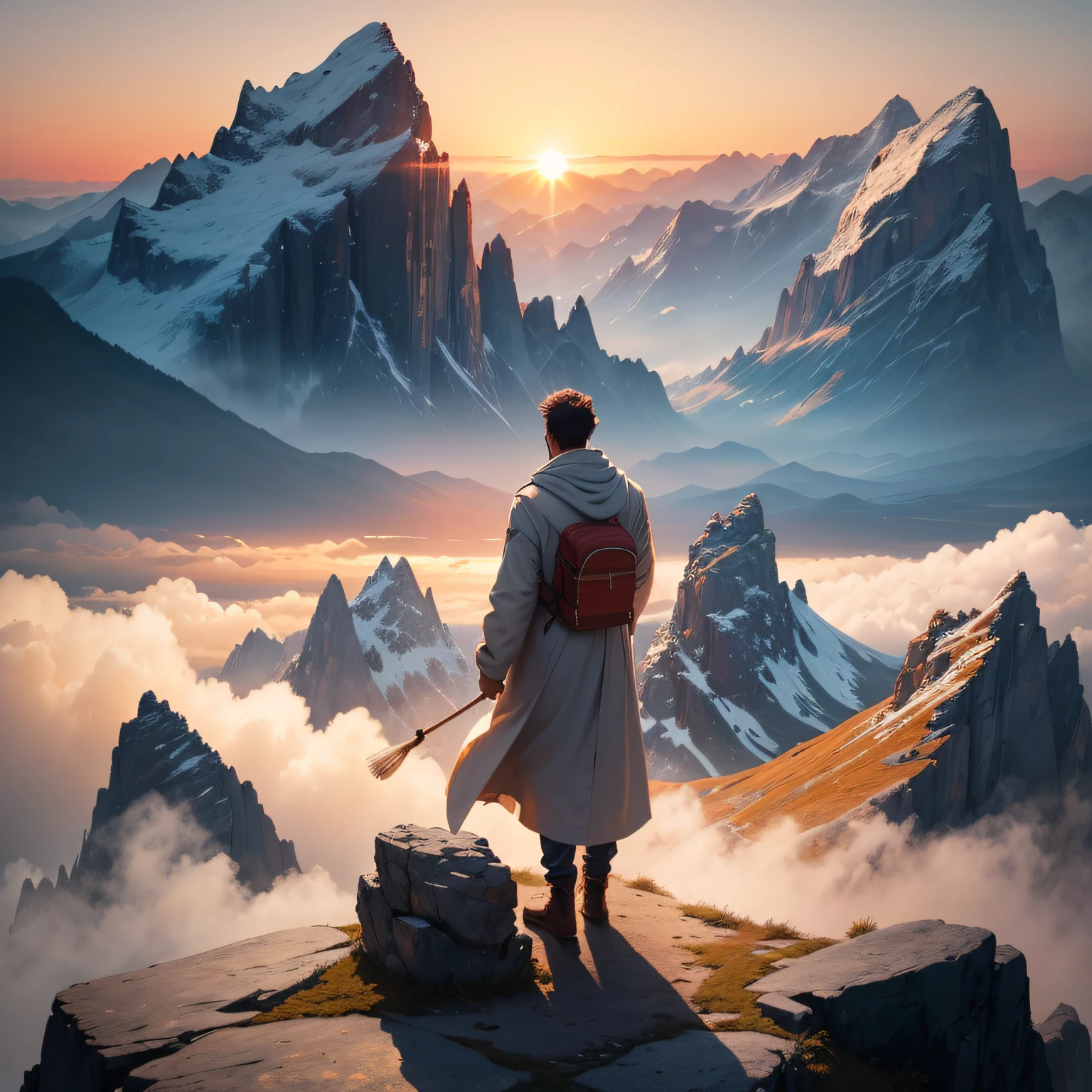 Create a powerful and inspiring artwork depicting a man standing triumphantly atop a majestic mountain peak, their arms outstretched wide, facing the other side. The scene is bathed in the soft glow of a sunrise, casting warm hues across the landscape. Capture the awe-inspiring moment of embracing a new day filled with hope and endless possibilities. Convey the sense of accomplishment, freedom, and connection with nature. Incorporate the subtle details of the mountainous terrain and the gentle play of light and shadow. Infuse the artwork with a feeling of serenity, gratitude, and inner peace. Let the viewer feel the exhilaration of standing on the brink of a new beginning, ready to face the challenges with unwavering determination and positivity. Use a harmonious color palette and expressive brushstrokes to evoke a sense of wonder and admiration for the beauty of nature and the human spirit.