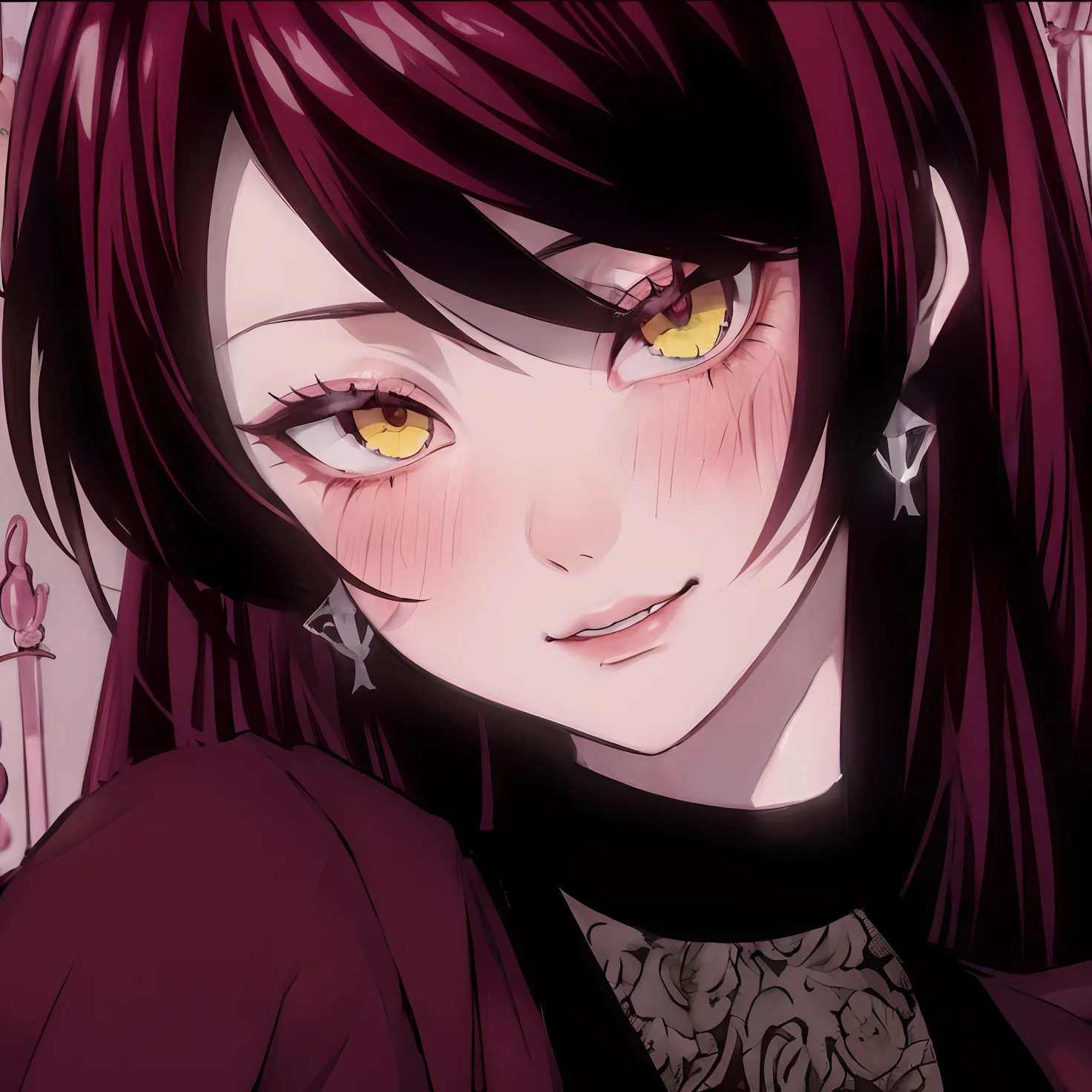 Anime girl with red hair and yellow eyes in a dark room, 1 7 - year - old anime goth girl, Akane Owari Danganronpa, Pupilas negras de anime en sus ojos, Primer plano de una joven animeadora, Anime visual de una chica linda, Anime visual de una mujer joven, Chica de anime llamada Lucy, Tiene una mirada penetrante