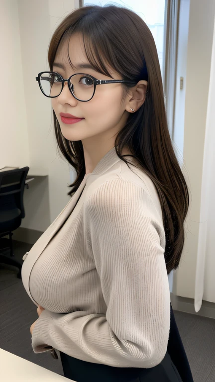 (Best quality, 8k, 32k, Masterpiece, UHD:1.2), 1 girl, ((close up:1.2)), beautiy Japanese office lady, (smile:0.5), (looking at the viewer), bit chubby, glasses, grey suit, grey mini skirt, closed white shirt, open jacket, office room, desk, (huge breasts, buttocks:1.2), detailed beautiful face, pony-tail hair, from below,