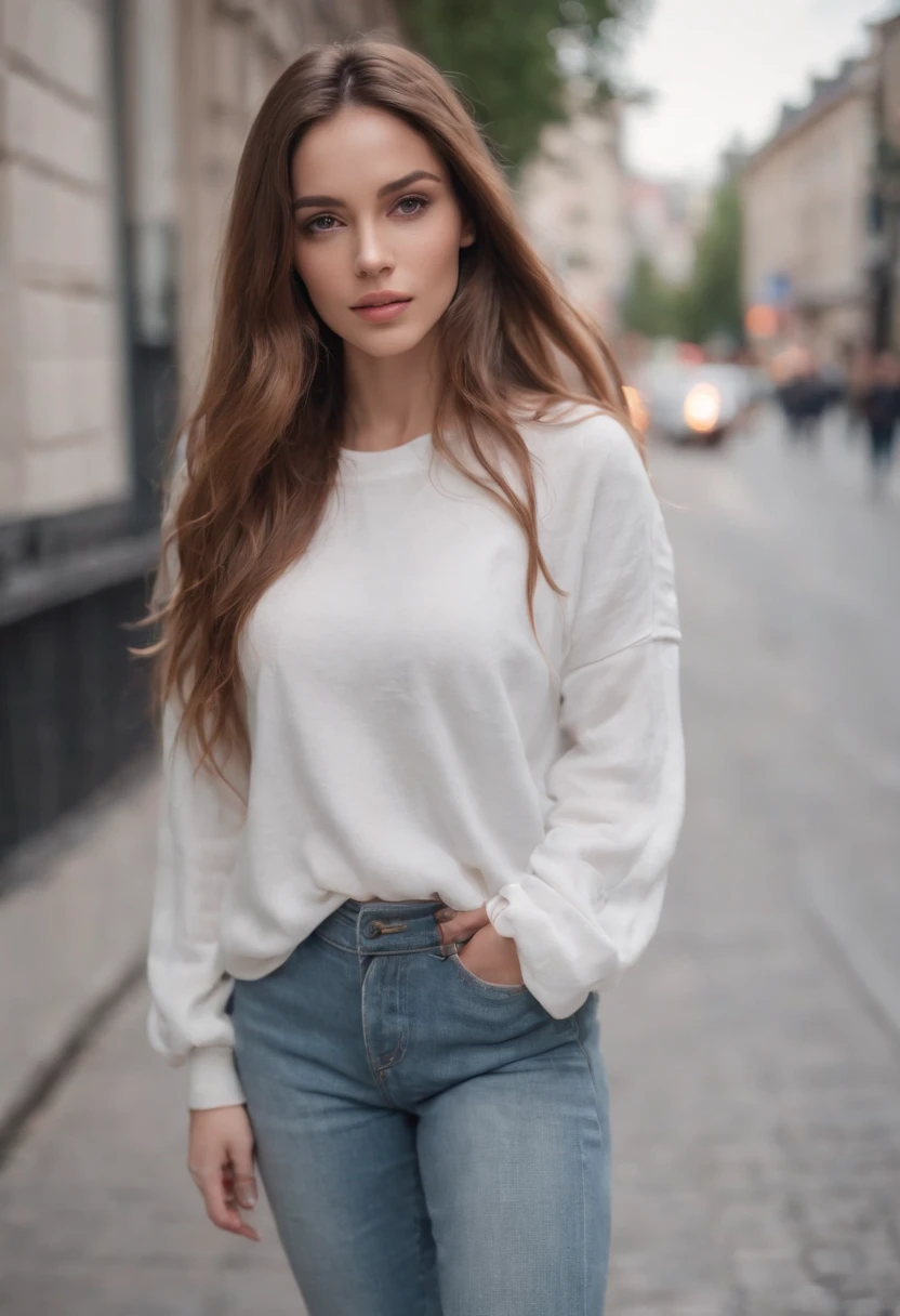 woman in baggy clothes, sexy instagram model, young, beautiful, long hair, 25 years old, fashionable, city walk, dynamic pose, tight jeans