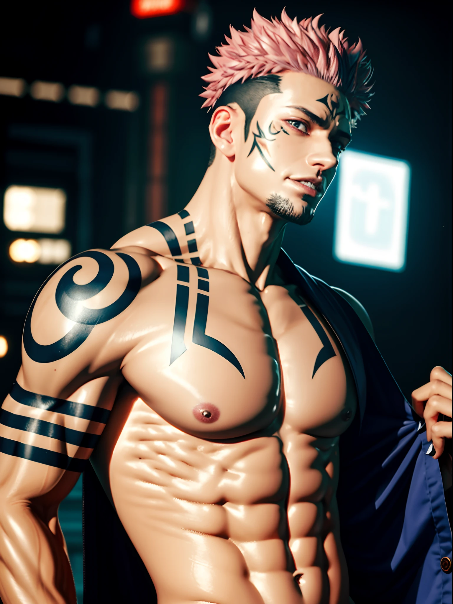 masterpiece, best quality, ultra-detailed, texture, detail eyes,8k, 1boy, Sukuna, a man with pink hair and shirtless, tattoo_ryoumen, tattoo_on_his_face, tattoo on body, looking at viewer, abs, detailed eyes, detailed face, (masterpiece:1.4),(best quality:1.4),(shiny skin),realistic, bright, neon lights, night, midnight, city, cyberpunk, light ,