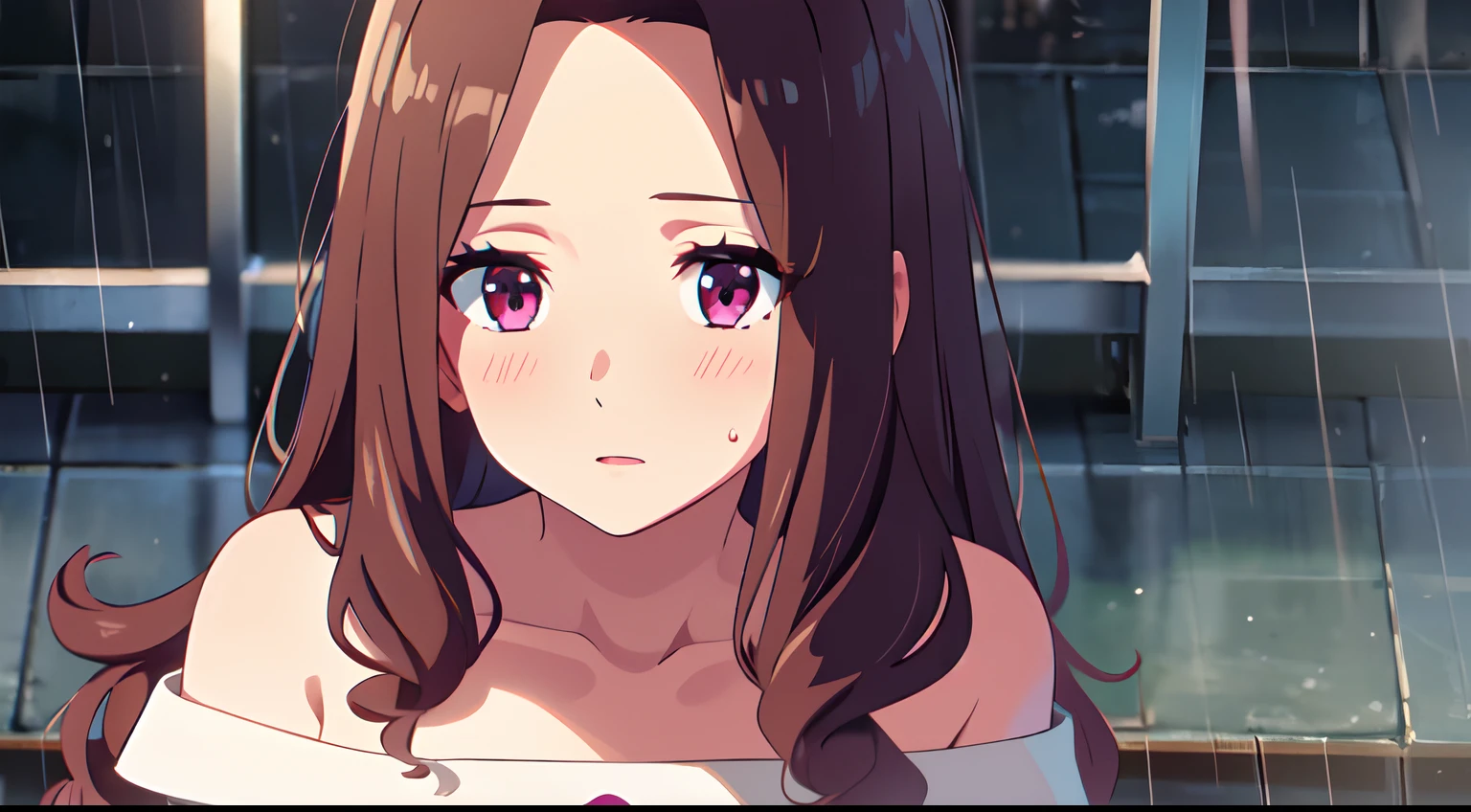 masterpiece, best quality, 1girl, (mature woman), solo, long brown hair, (wavy curly hair), forehead, purple red eyes, rain, (off shoulder white blouse), medium breast, sky, close up, blushing